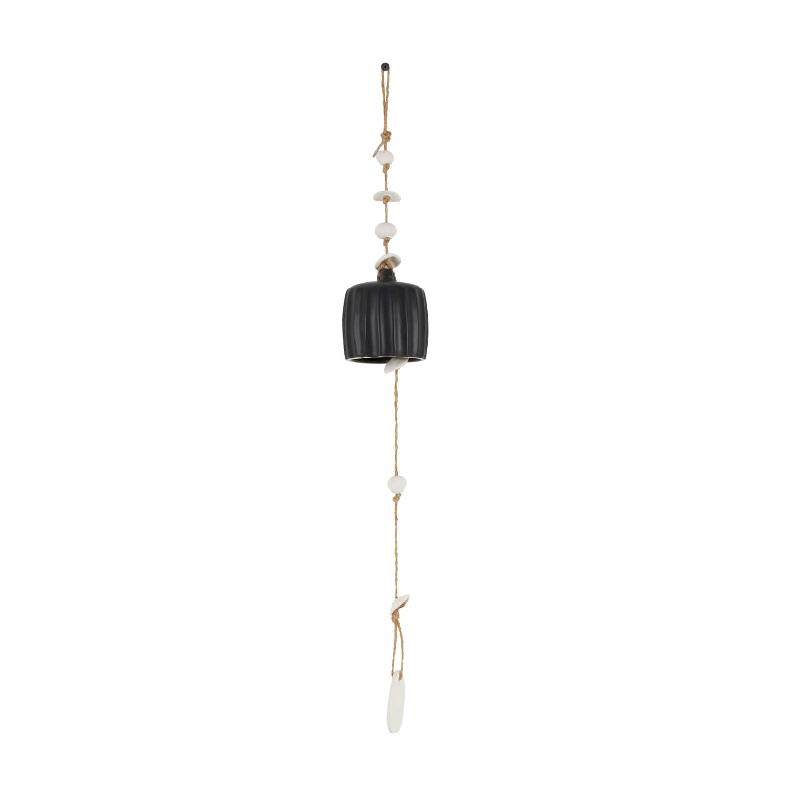 2ft. Black Ceramic Handmade Textured Bell Windchime with Cascading White Disks