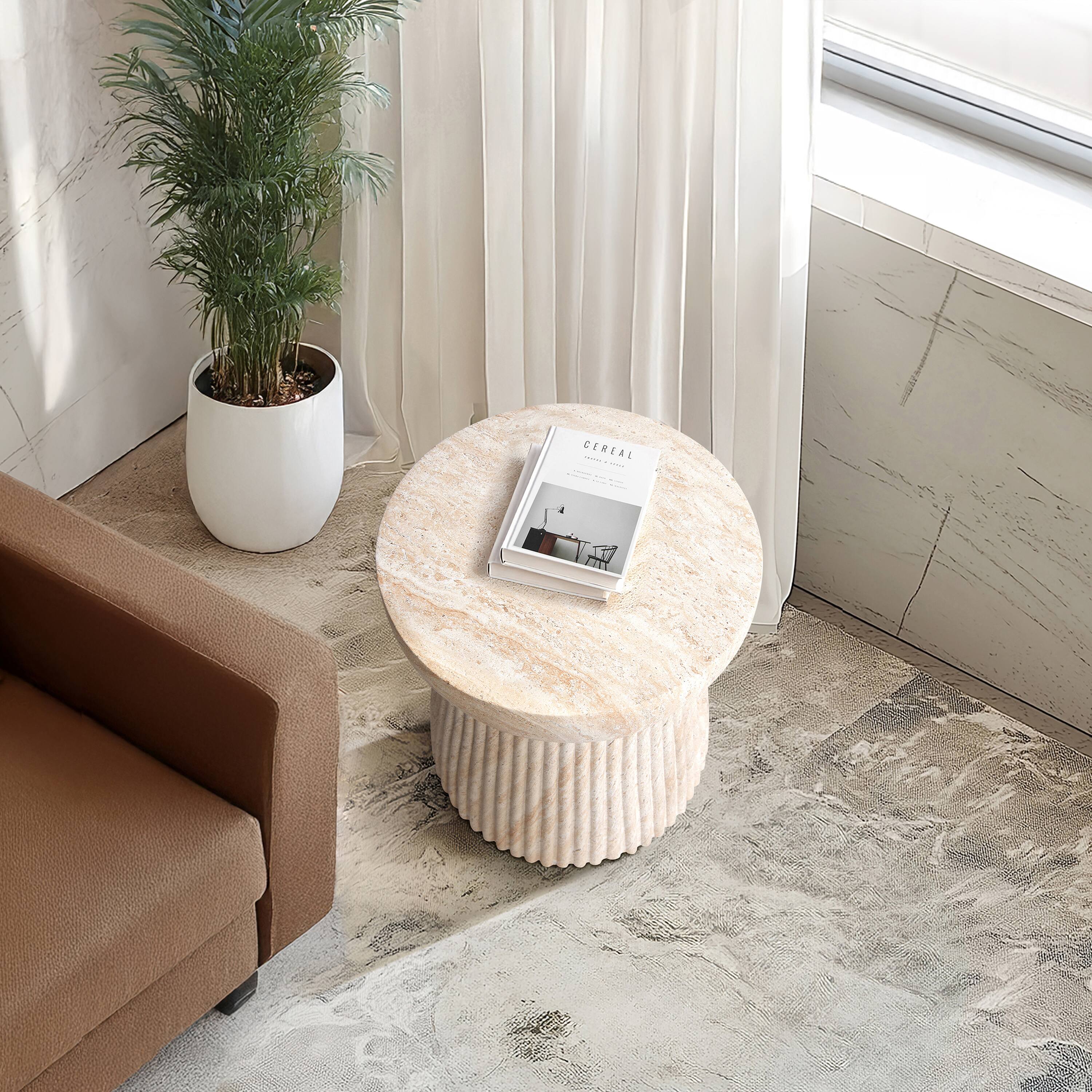 Empire Art Direct 17" Fluted Travertine Stone Finish MGO Side Accent Table