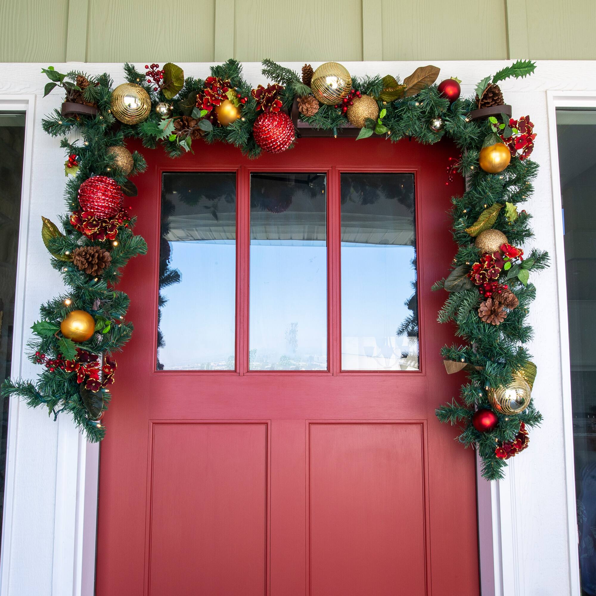 Village Lighting 9ft. Pre-Lit LED Scarlet Hydrangea Christmas Garland