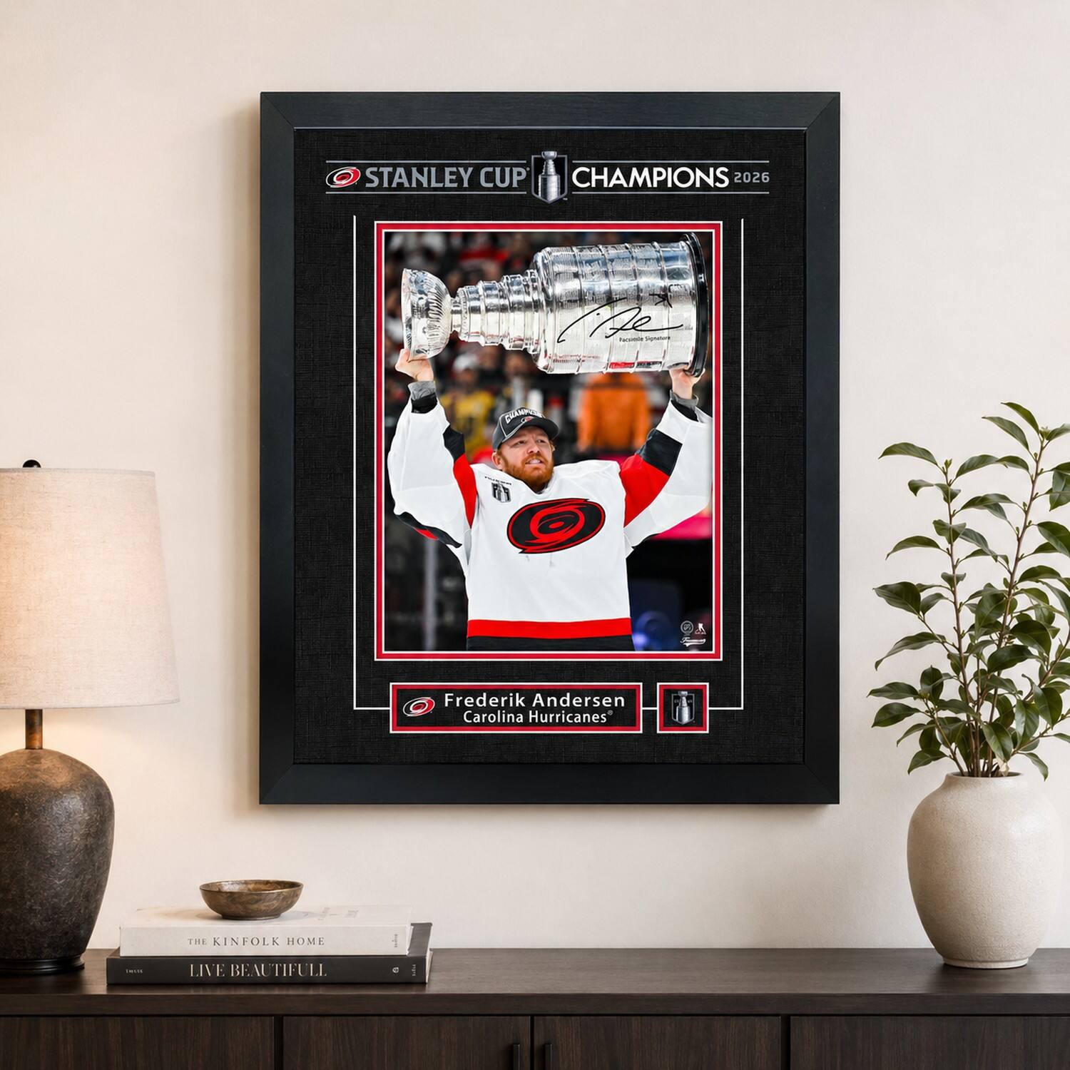 Frameworth 16" x 20" Licensed Frederik Andersen Hurricanes 2026 Champions Replica Signature Frame