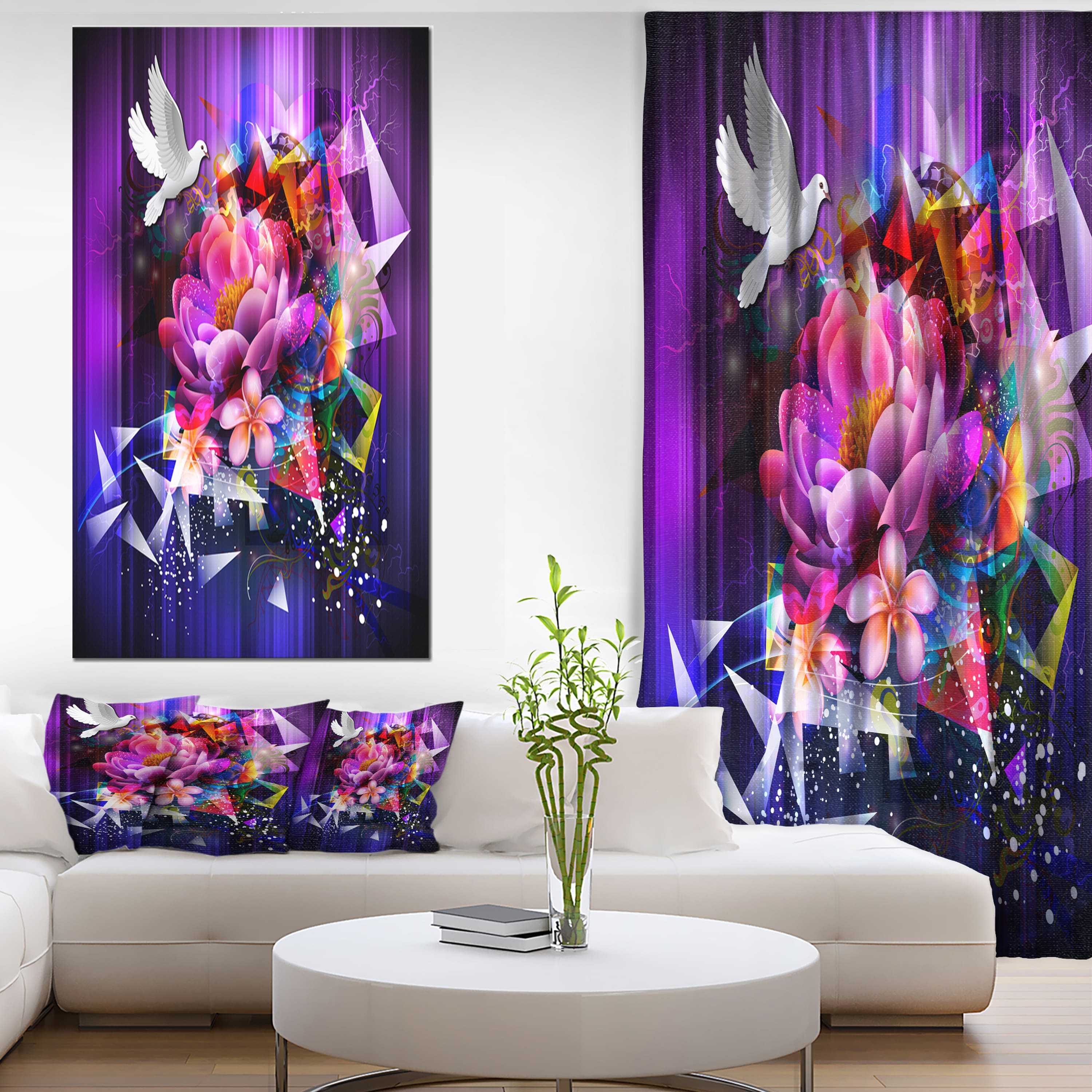 Designart - Abstract Floral Design with Dove - Floral Canvas Art print