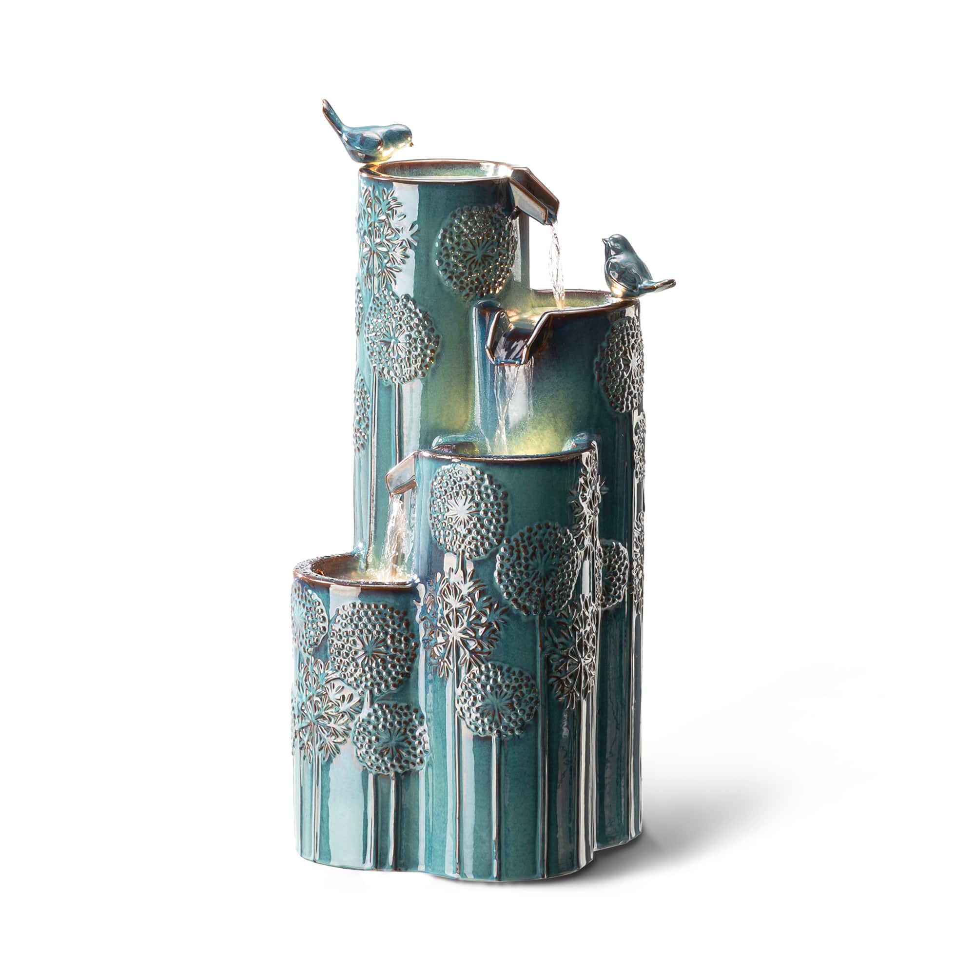 Glitzhome® 31.75" Turquoise 4-Tier Dandelion Texture Vase-Shaped Ceramic Outdoor Fountain with LED Light