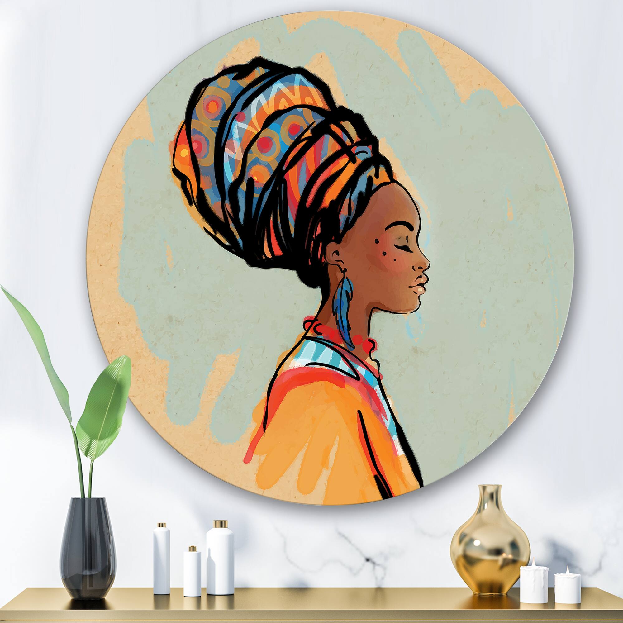 Designart - Portrait of Afro American Woman With Turban III - Modern Metal Circle Wall Art