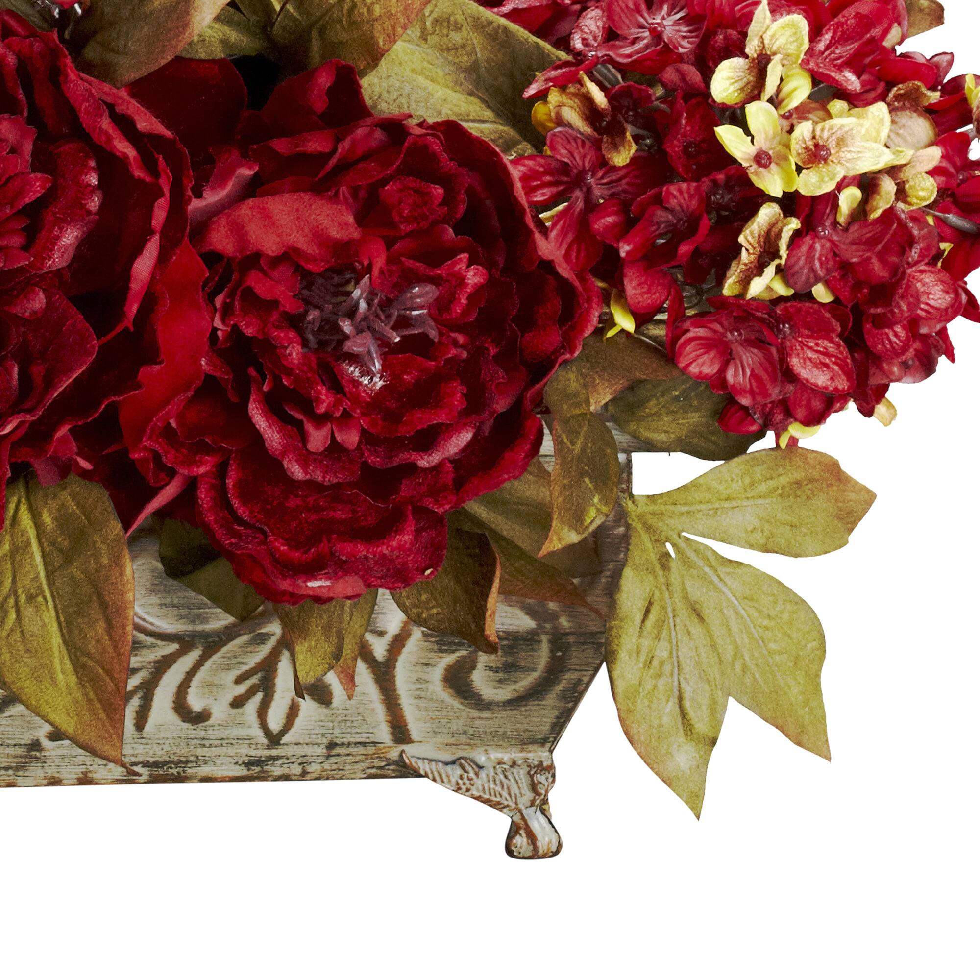 18" Red Peony & Hydrangea Arrangement in Decorative Planter