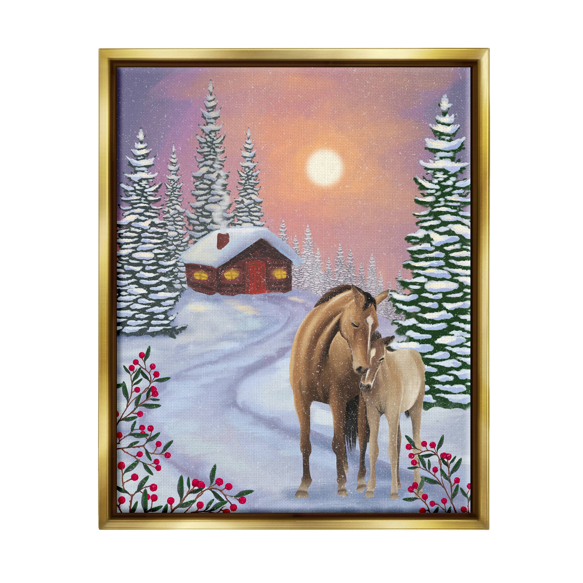 Stupell Industries Holiday Horses Winter Scene Framed Floater Canvas Wall Art