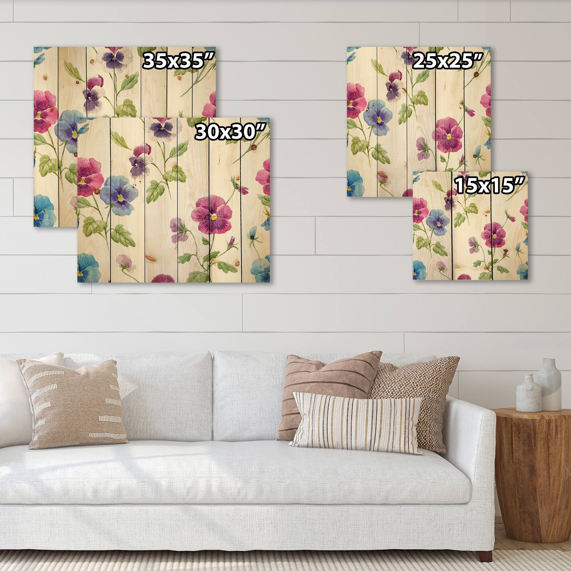 Designart - Pink and Blue Pansy Flowers II - Traditional Print on Natural Pine Wood