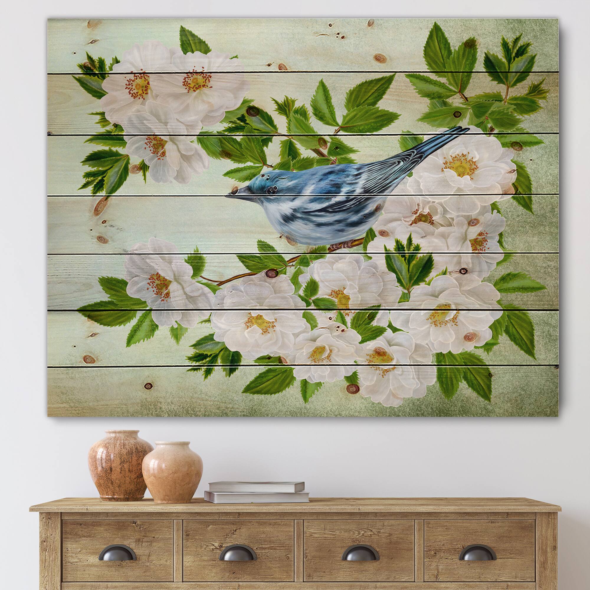 Designart - Little Blue Bird Sitting On A Branch of White Rose - Traditional Print on Natural Pine Wood