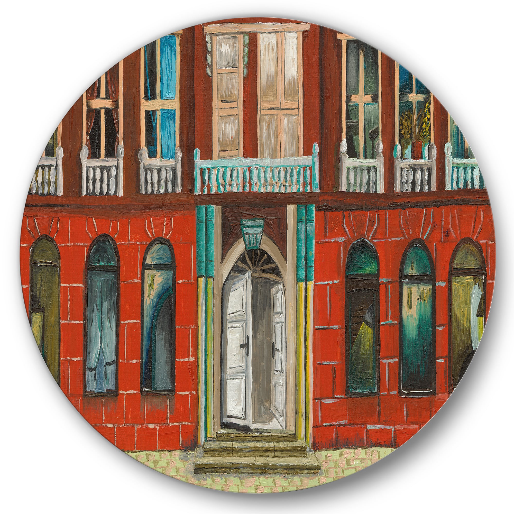 Designart - Red Facade of Shop In Paris II - French Country Metal Circle Wall Art