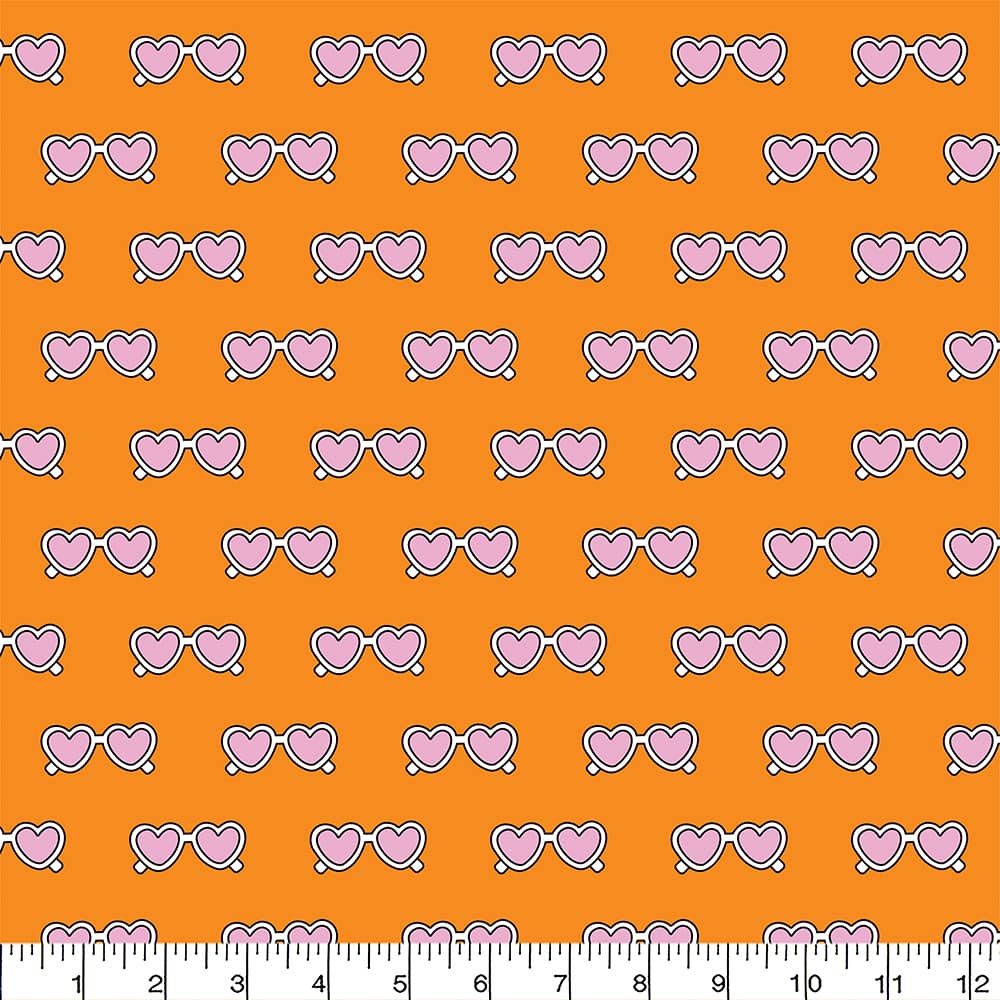 Eugene Textiles Pink Heart Sunglasses on Orange Cotton Quilting Fabric