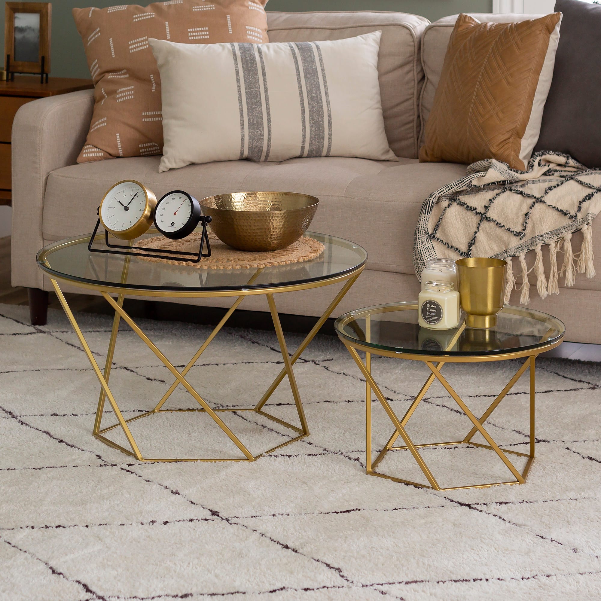 Walker Edison Gold Geometric Glass Nesting Tables Set