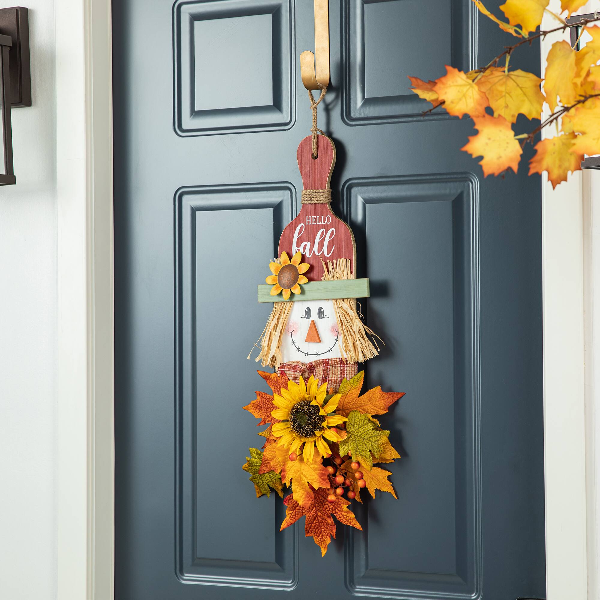 Glitzhome® 26" Fall Wood Scarecrow Floral Door Hanger