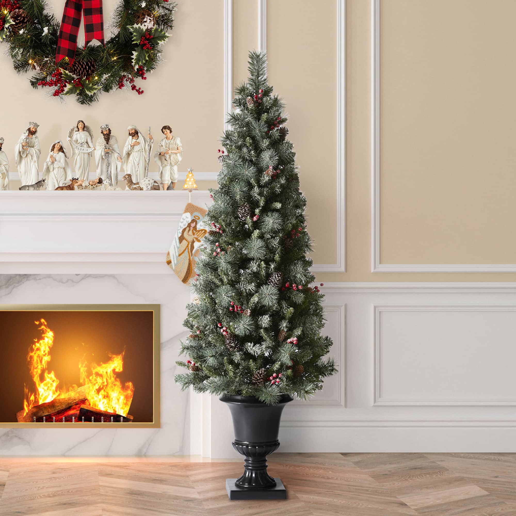 6ft. Pre-Lit Frosted Pinecones & Red Berries Artificial Christmas Porch Tree, Warm White LED Lights