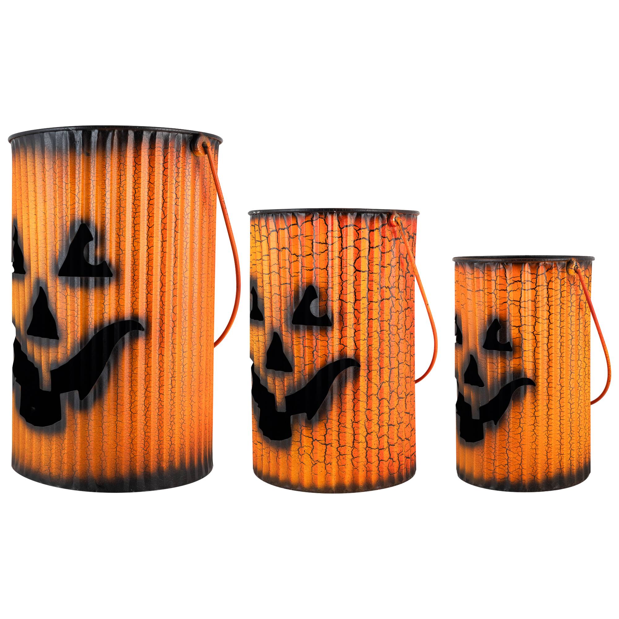 3 Piece Black & Orange Metal Pumpkin Lantern Halloween Decoration Set