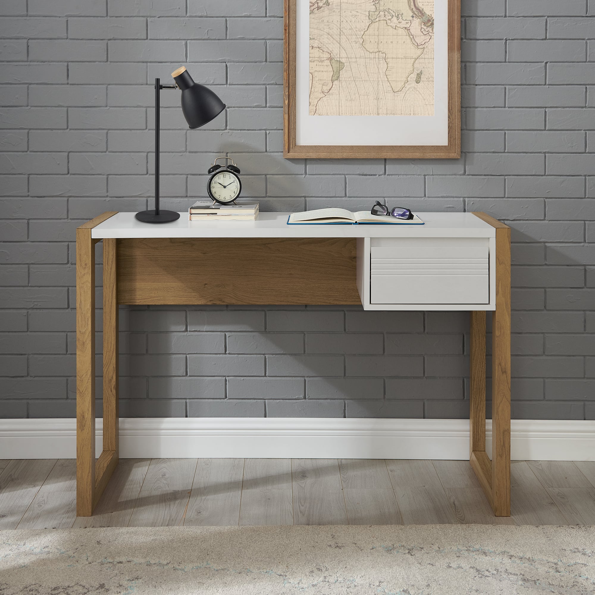 Walker Edison 46" English Oak/Solid White Fluted Drawer Writing Desk