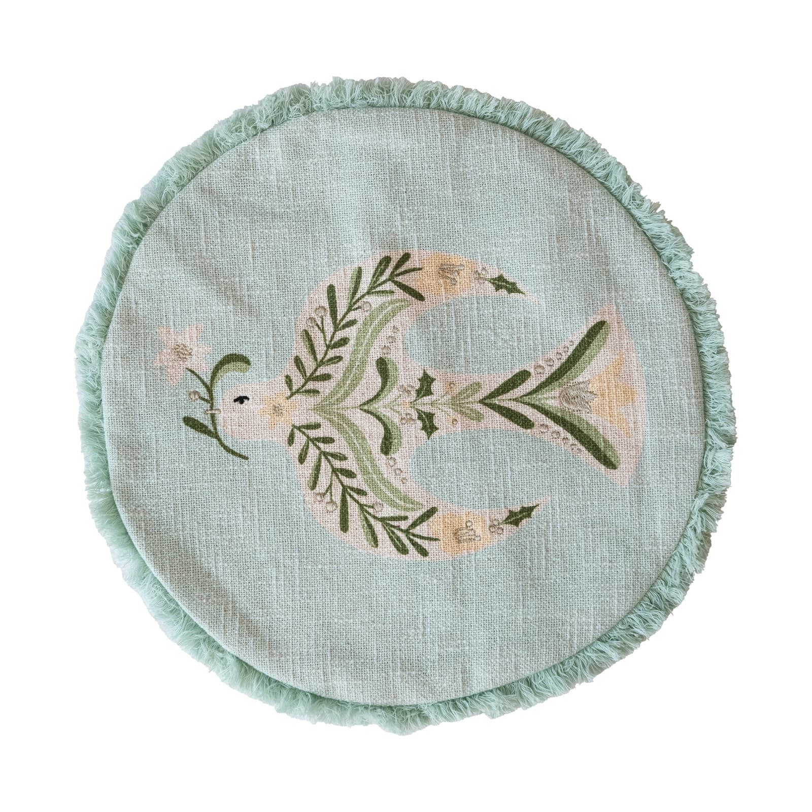 Hello Honey® 16" Light Green Embroidered Dove & Fringe Round Cotton Pillow Cover & Insert