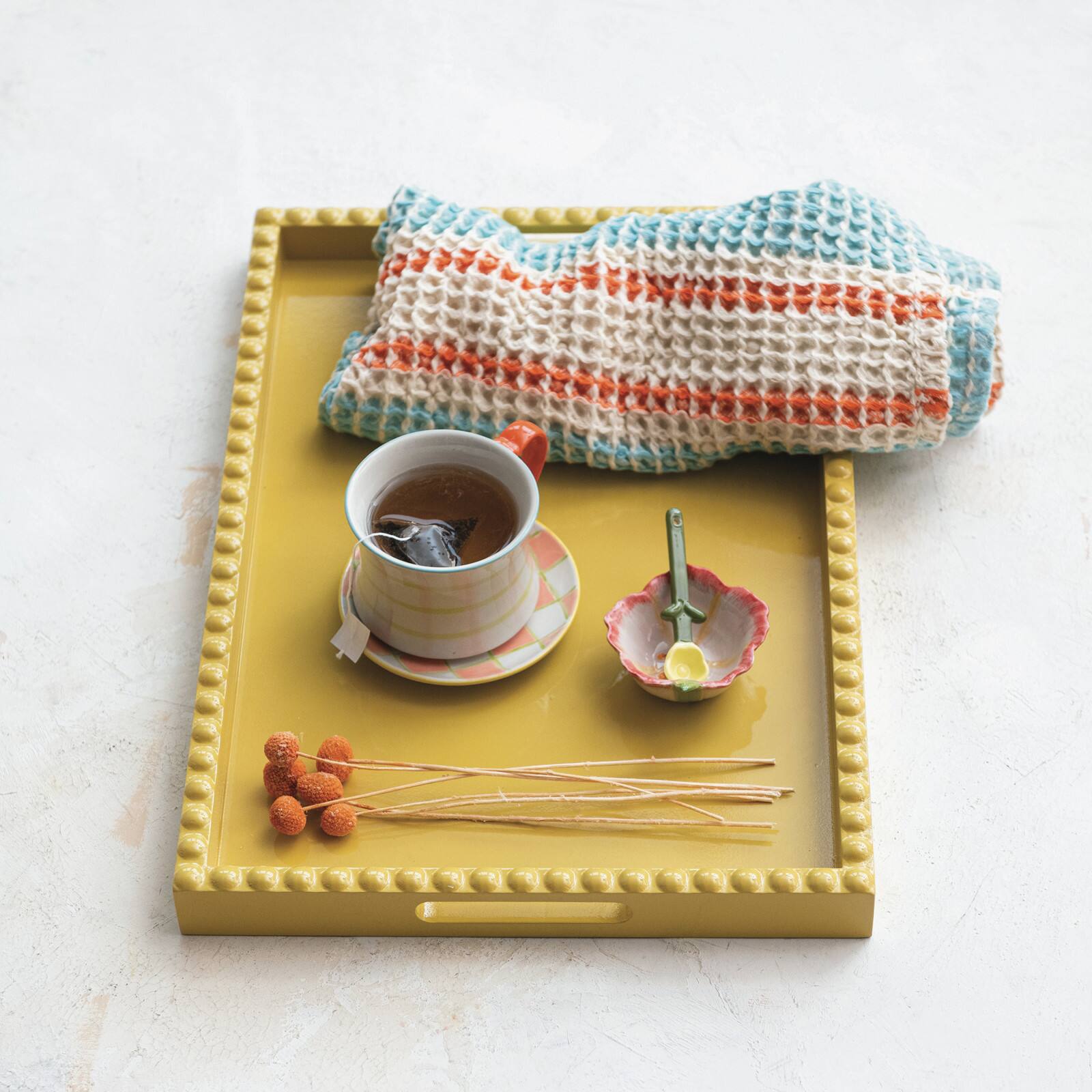 Hello Honey® 19" Yellow Sunny Wood Tray with Handles