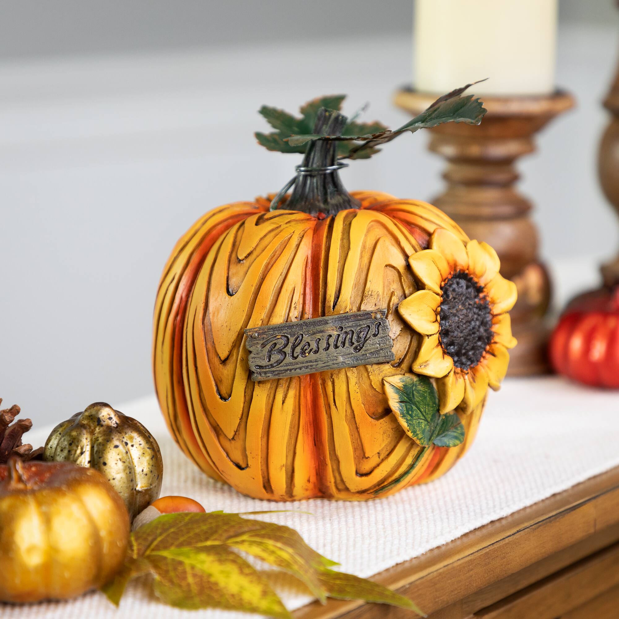 6.5" Brown & Yellow Sunflower Blessings Thanksgiving Tabletop Pumpkin Décor