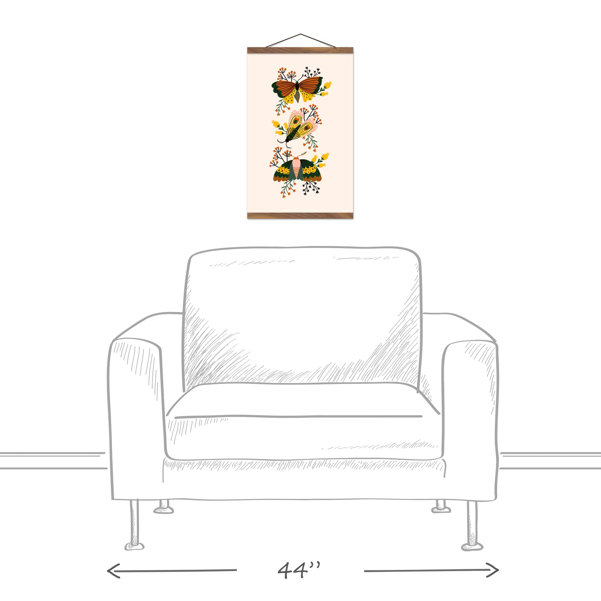 Floral Moths Teak Hanging Canvas Art