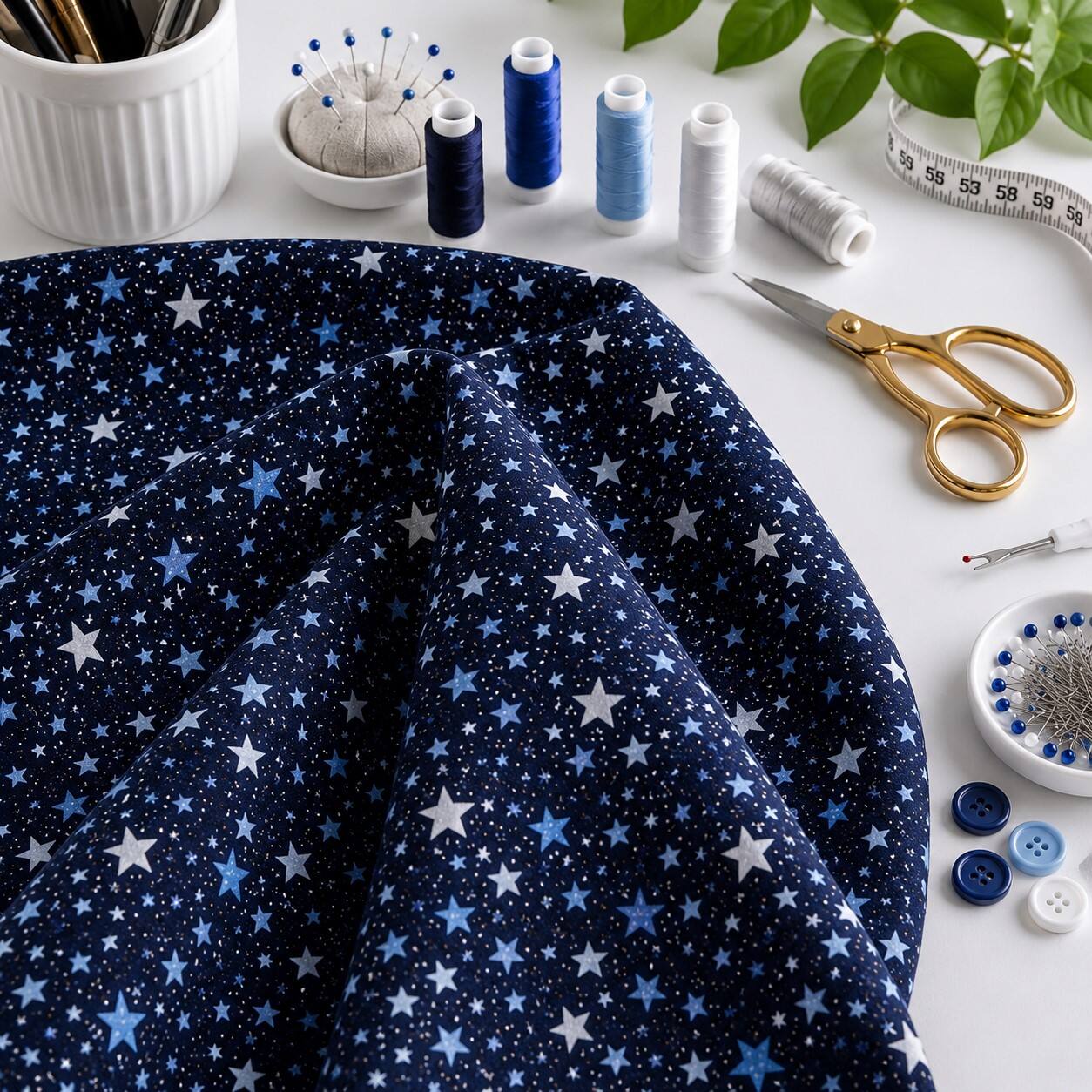 Navy Swirling Stars Glitter Cotton Fabric