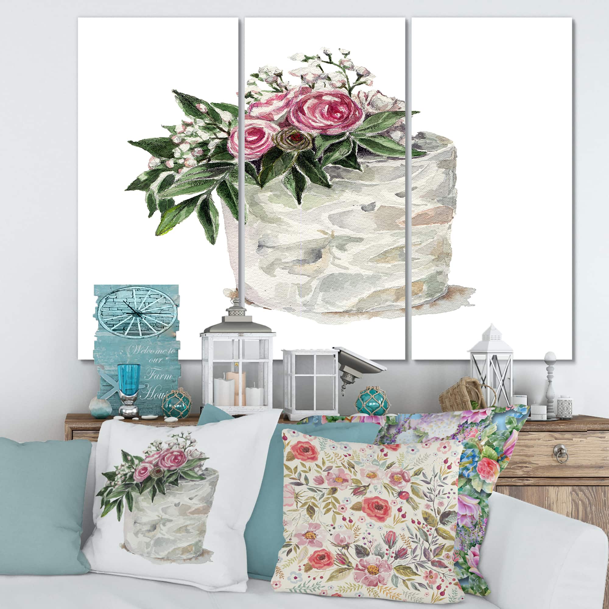 Designart - Pink Roses and White Flowers On Cake