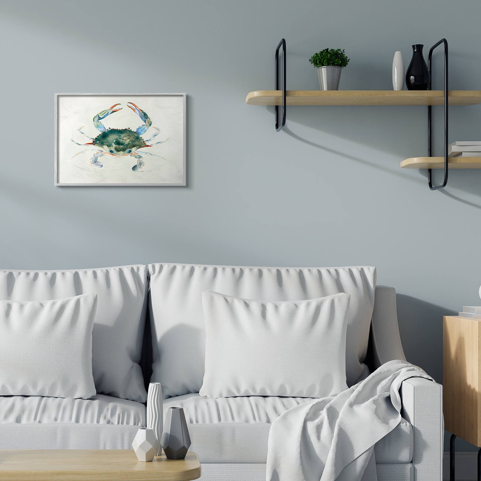 Stupell Industries Blue Sea Crab Over Beige Soft Watercolors Framed Wall Art