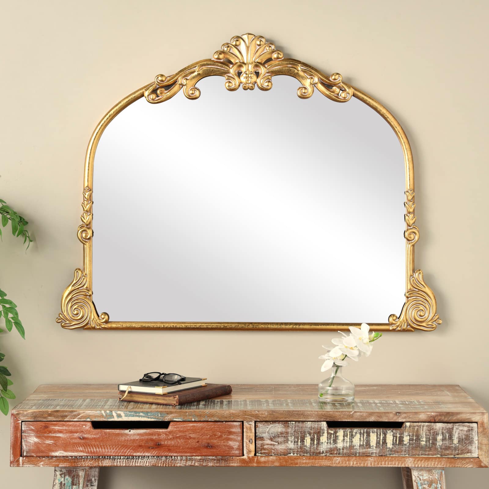 44" x 34" Gold Metal Ornate Arched Baroque Wall Mirror