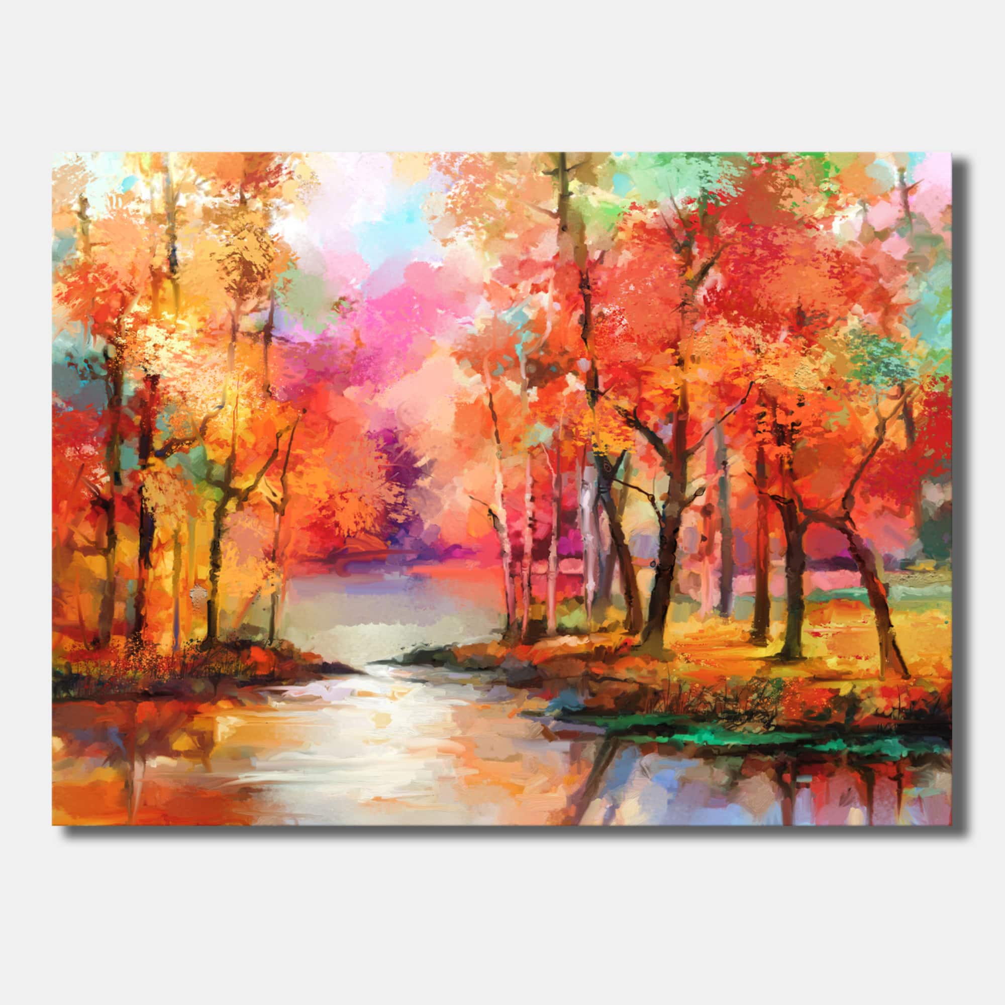 Designart - Autumn Aspen Trees In Red Leaf Forest By Lake