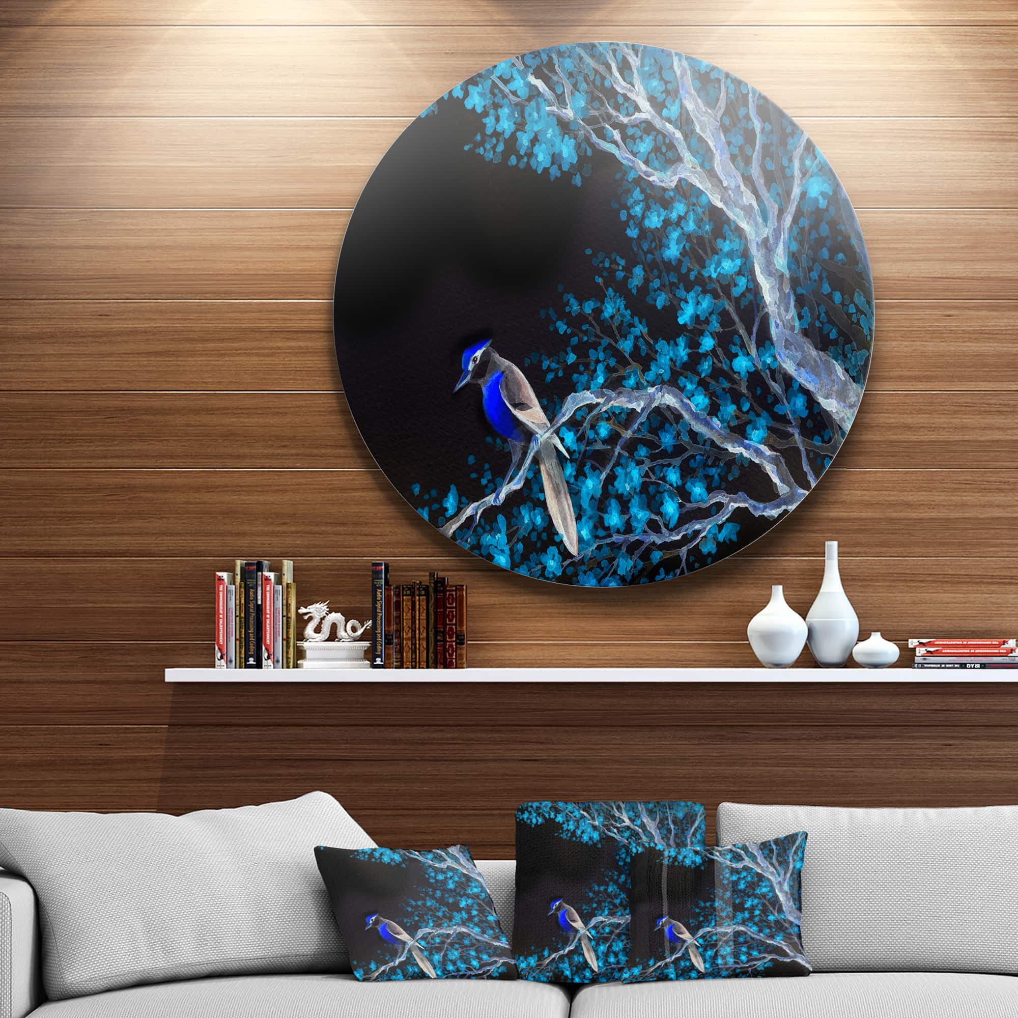 Designart - Beautiful Bird on Flowering Branch' Floral Metal Circle Wall Art