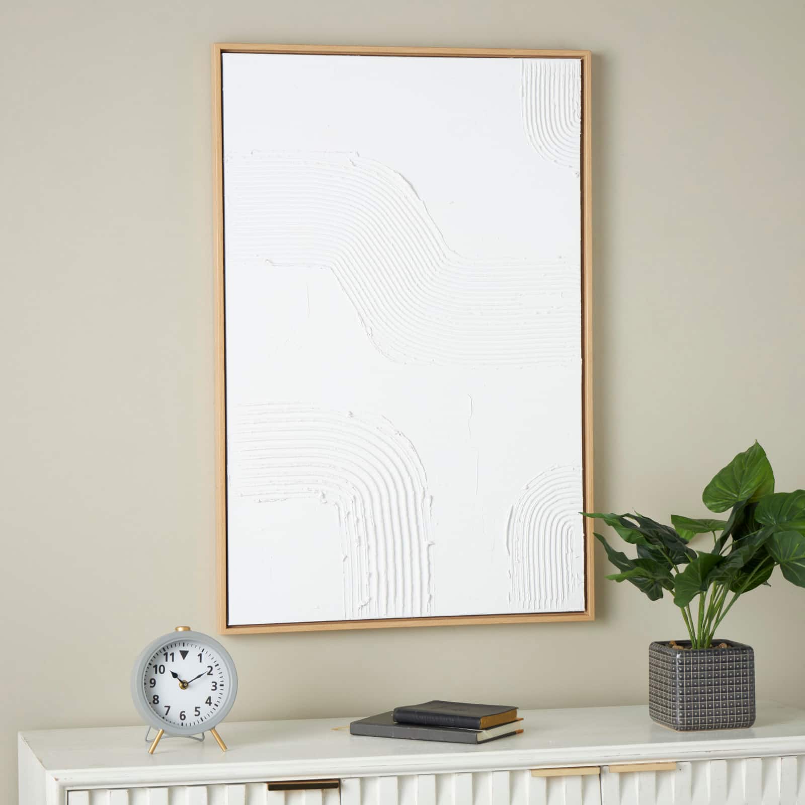 24" x 36" White Abstract Living Room Canvas Framed Wall Art with Brown Frame