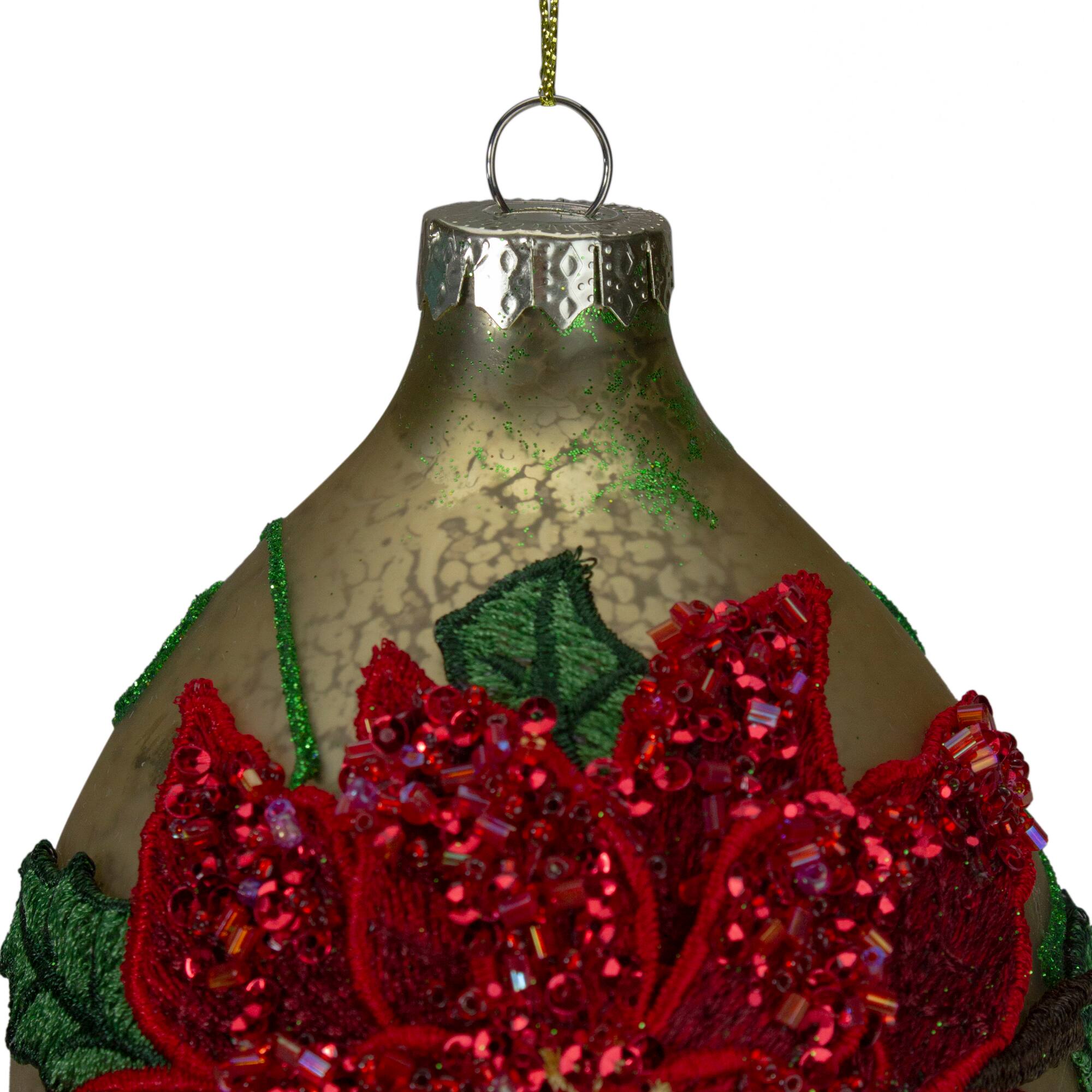 6.5" Glitter Red & Gold Poinsettia Glass Finial Christmas Ornament