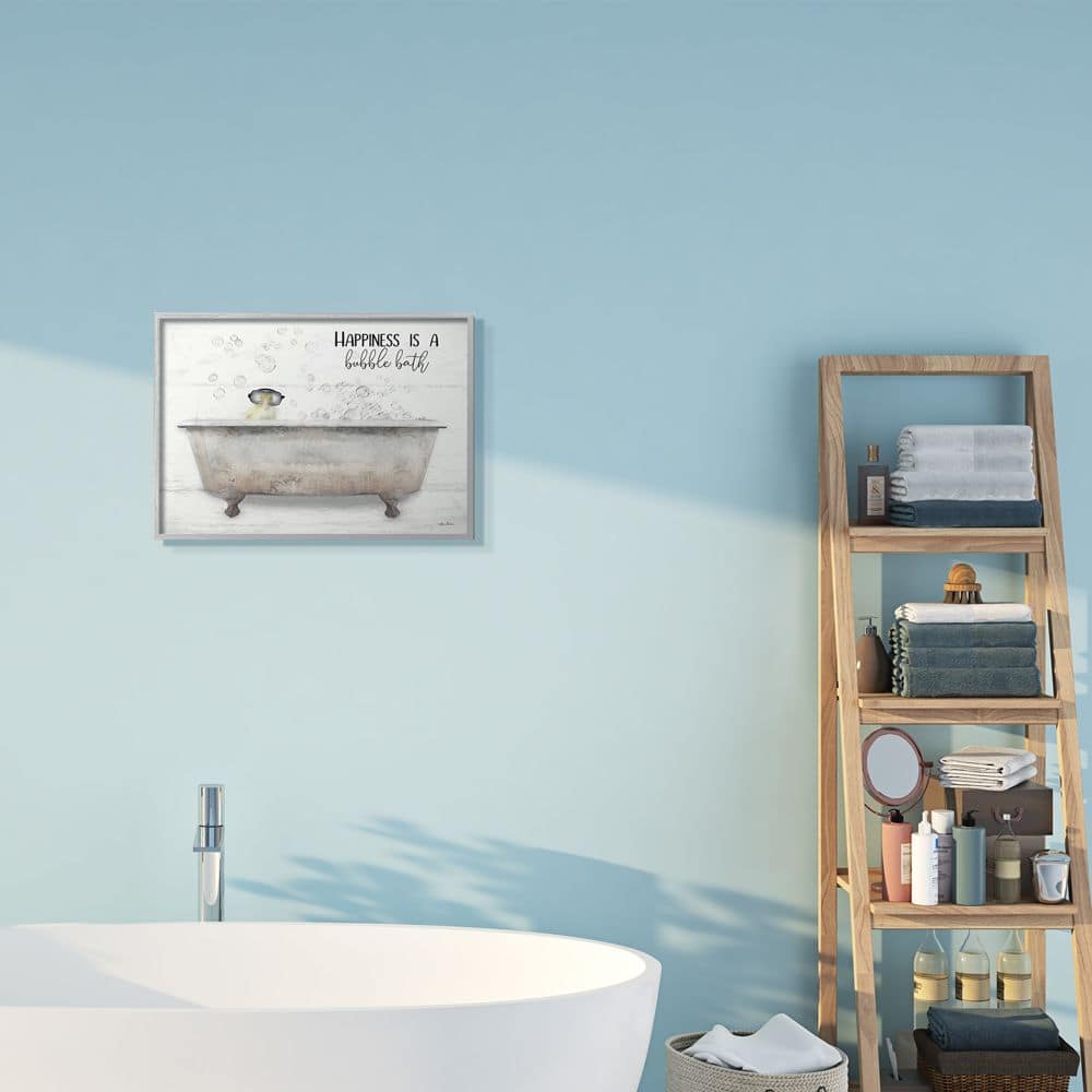 Stupell Industries Happiness is a Bubble Bath Quote Bathroom Tub Chick in Gray Frame Wall Art