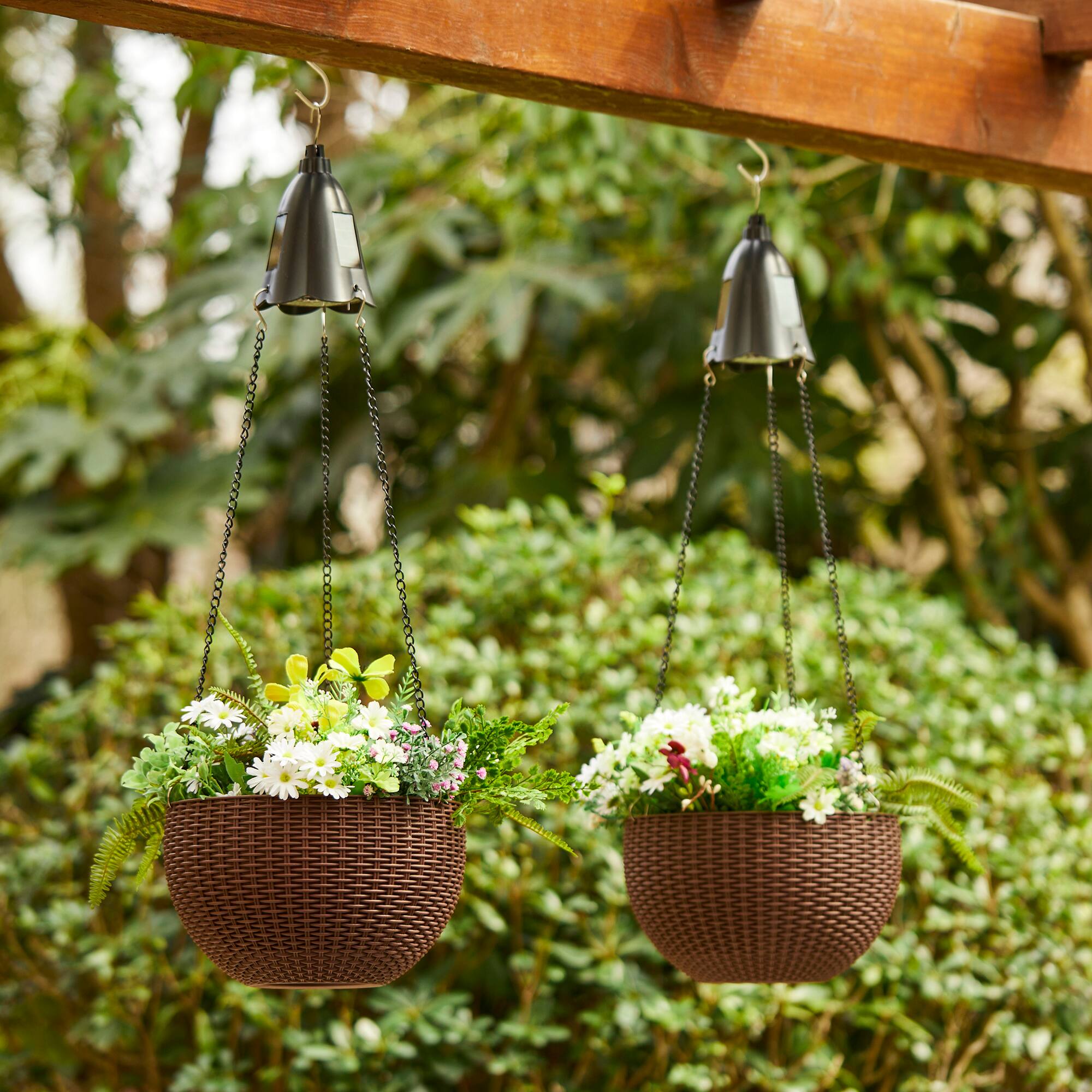 Glitzhome® 30" Solar Lighted Hanging Plastic Basket Planters