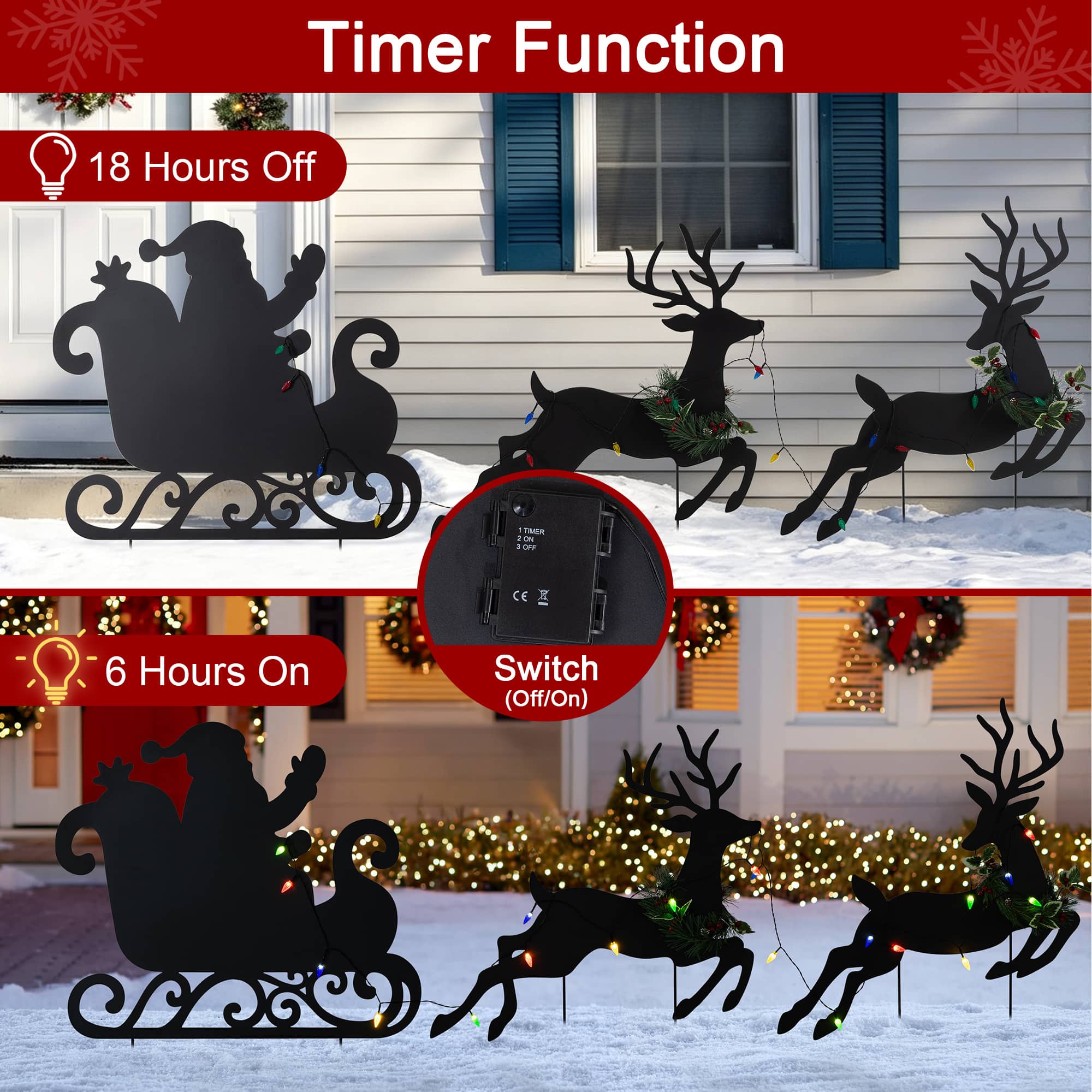 Glitzhome® 36" Set of 3 Christmas Lighted Metal Reindeer & Santa Sleigh Yard Stake with Timer