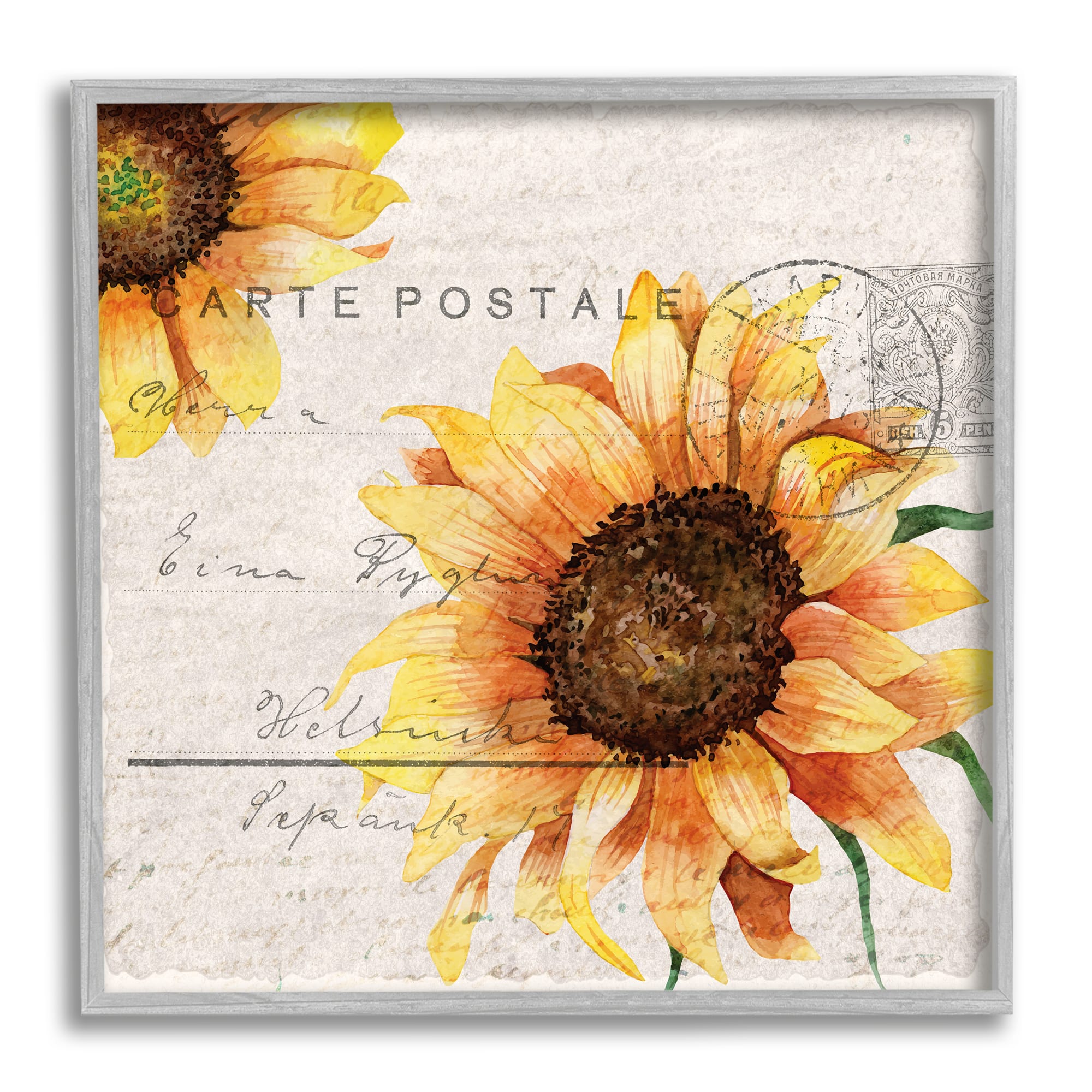 Stupell Industries Sunflower Illustration over Vintage Mail Post in Gray Frame Wall Art