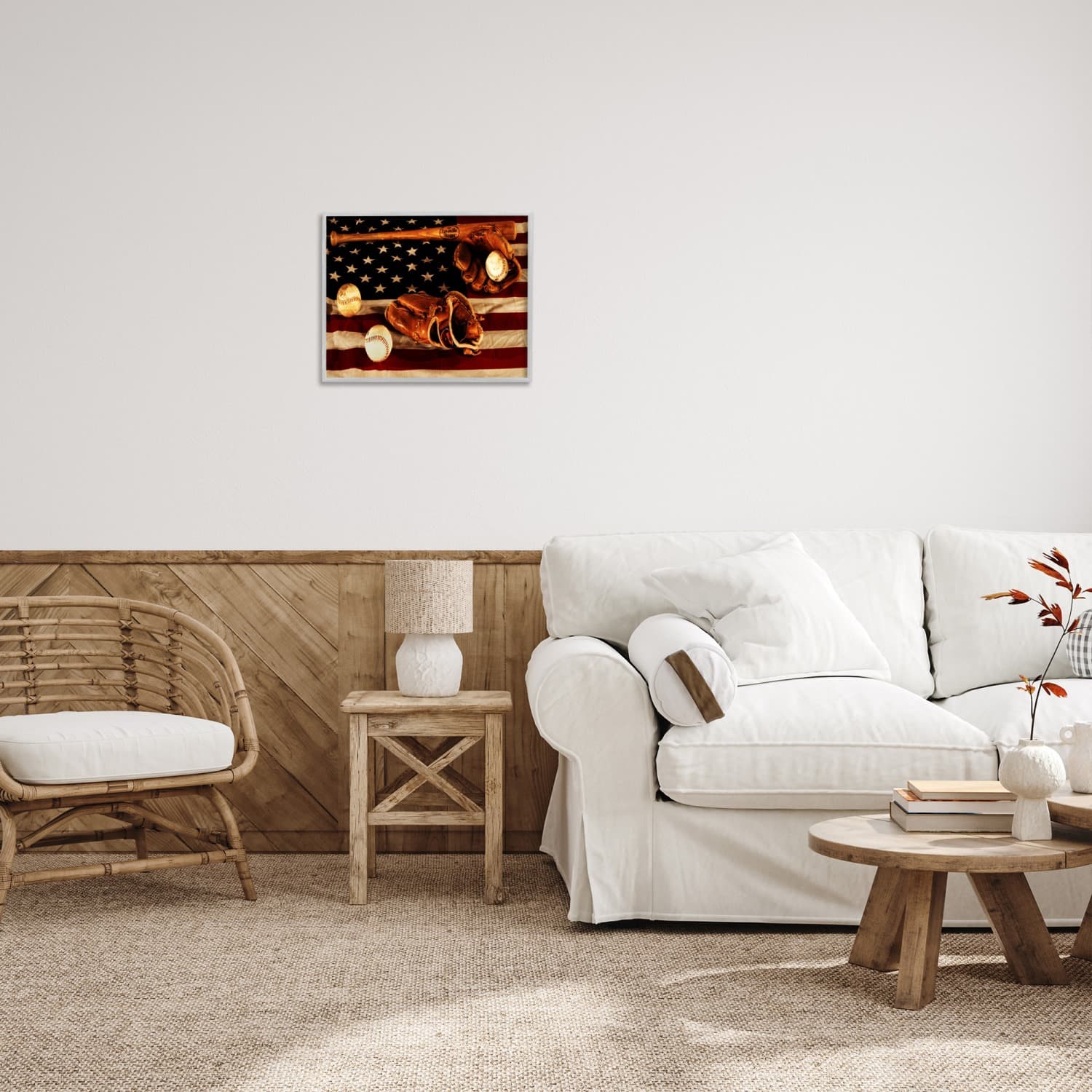 Stupell Industries Vintage American Flag Baseball Photo Framed Giclee Art