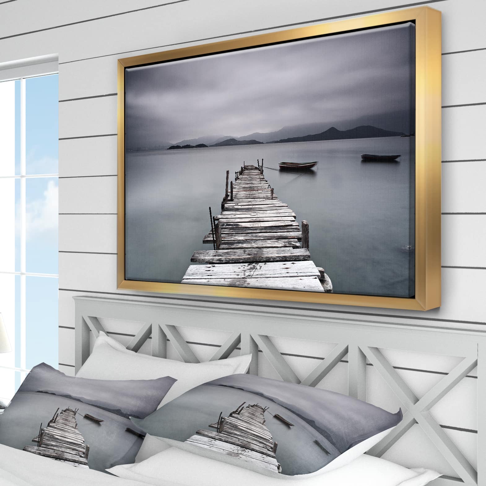 Designart - Pier and Boats at Seashore - Bridge Framed Canvas Art Print