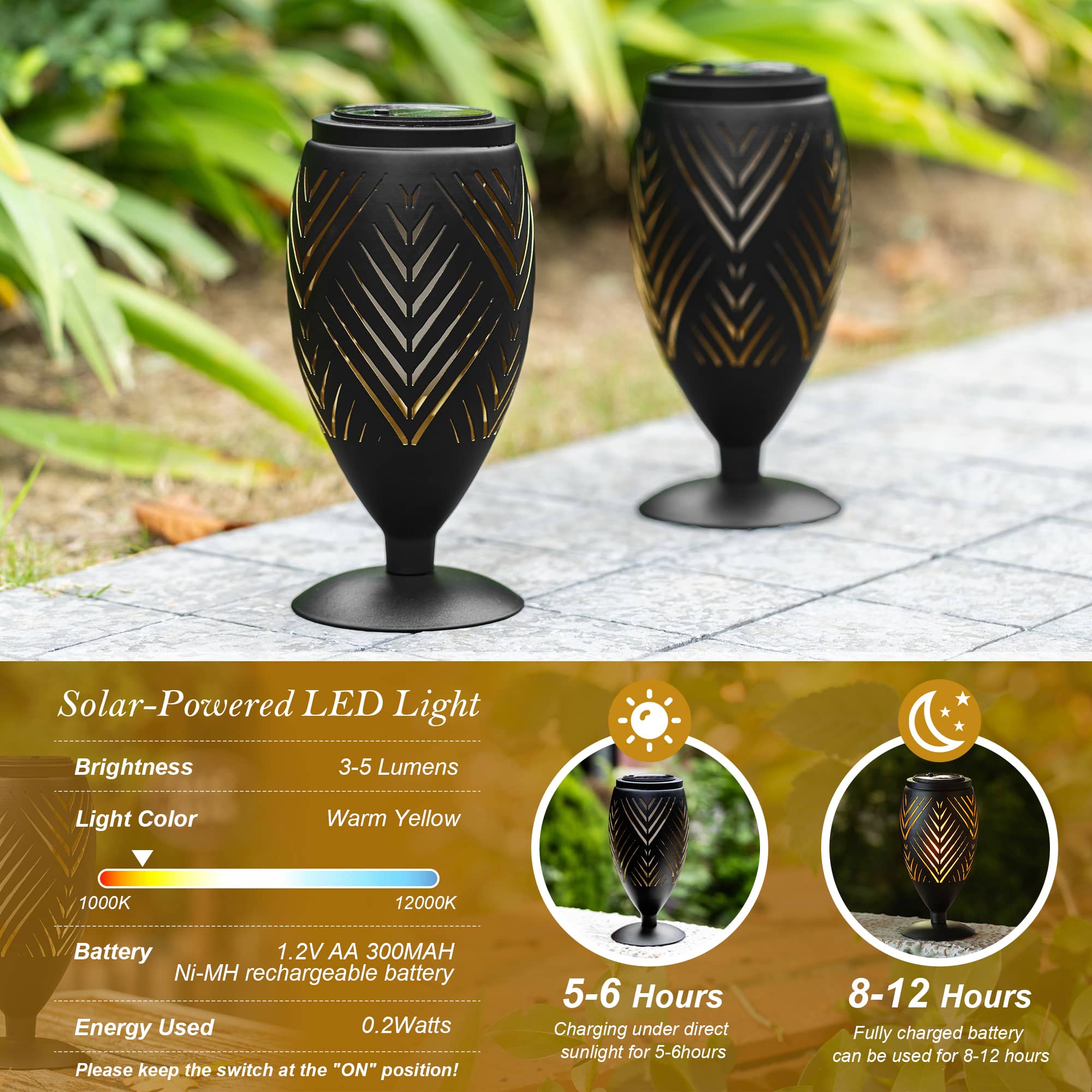 Glitzhome® 8.75" Set of 2 LED Black Metal Chevron Cutout Solar Powered Outdoor Lantern
