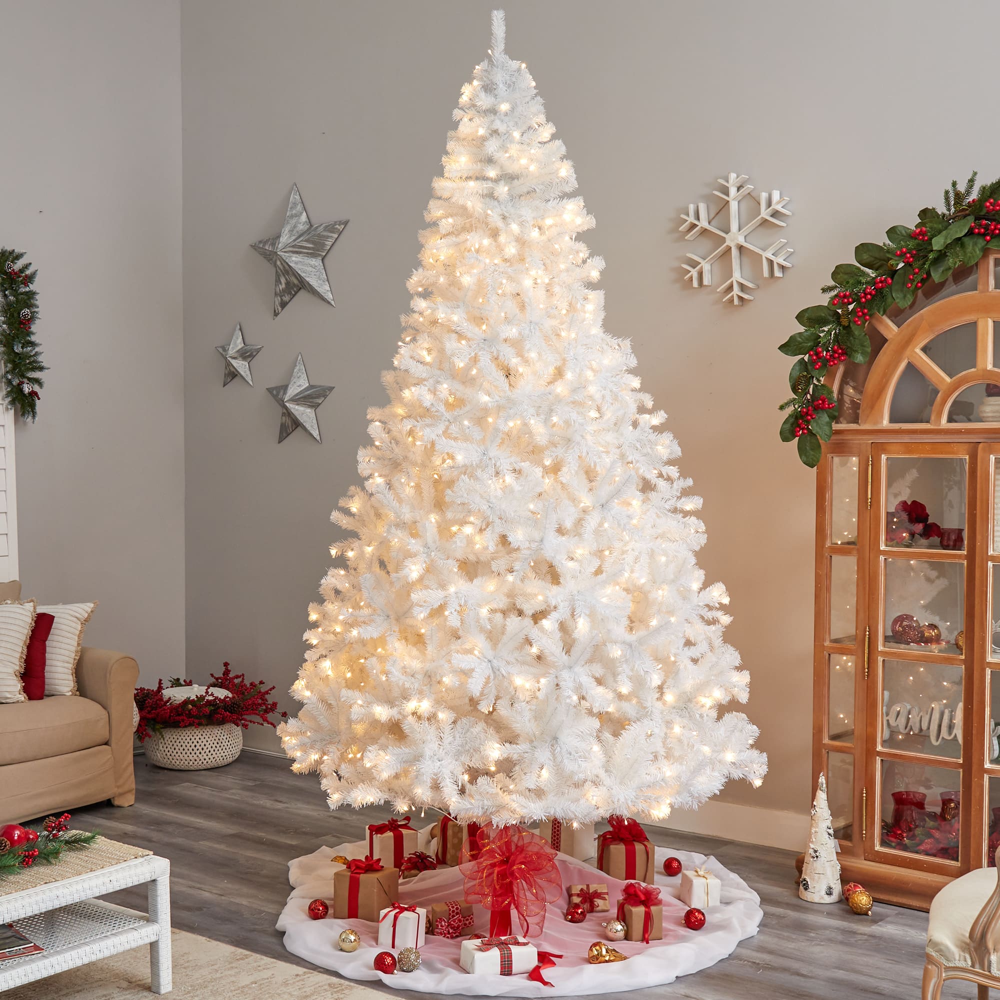 10ft. Pre-Lit White Artificial Christmas Tree, Clear LED Lights