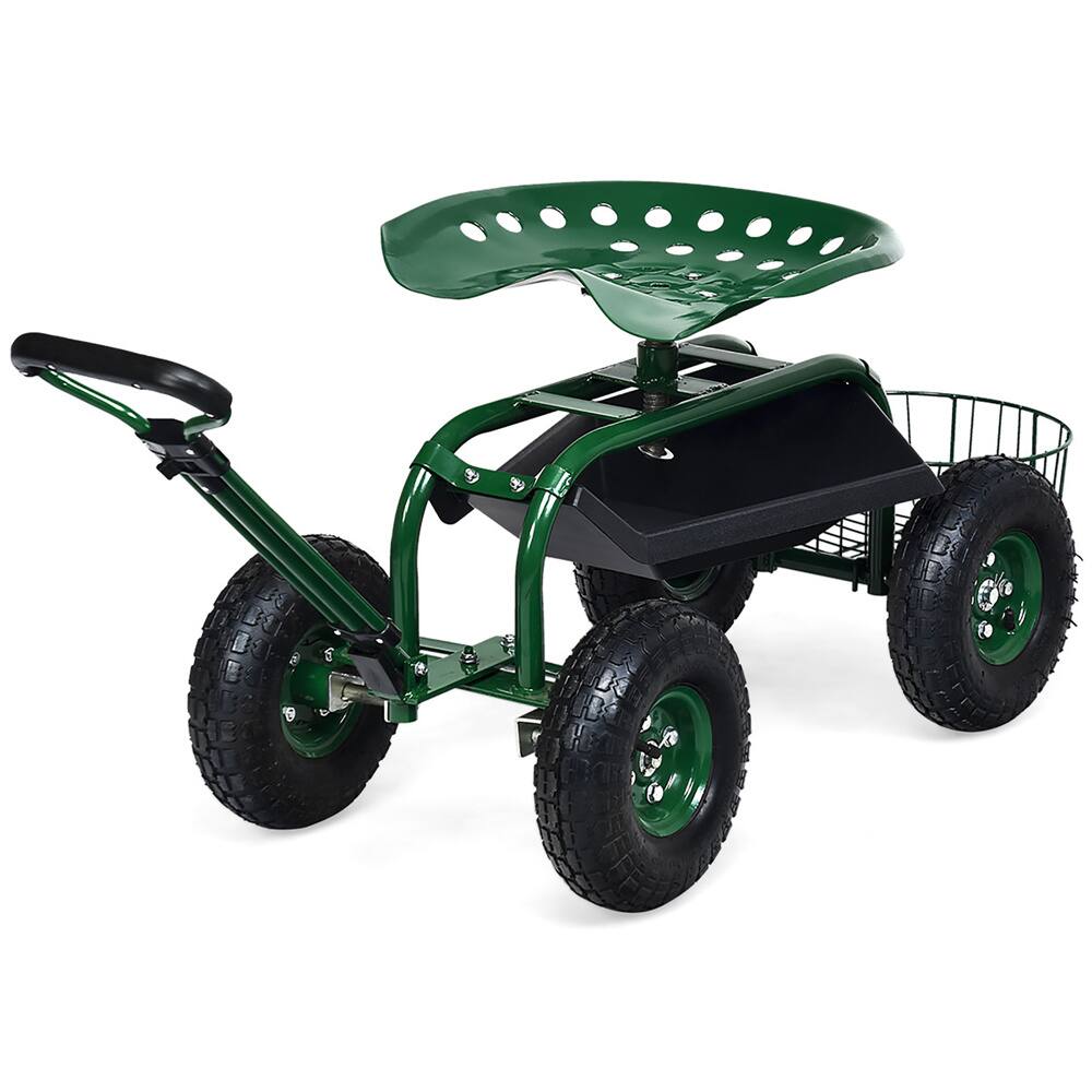 Costway Green & Black Garden Cart Rolling Work Seat with Tray Basket Extendable Handle
