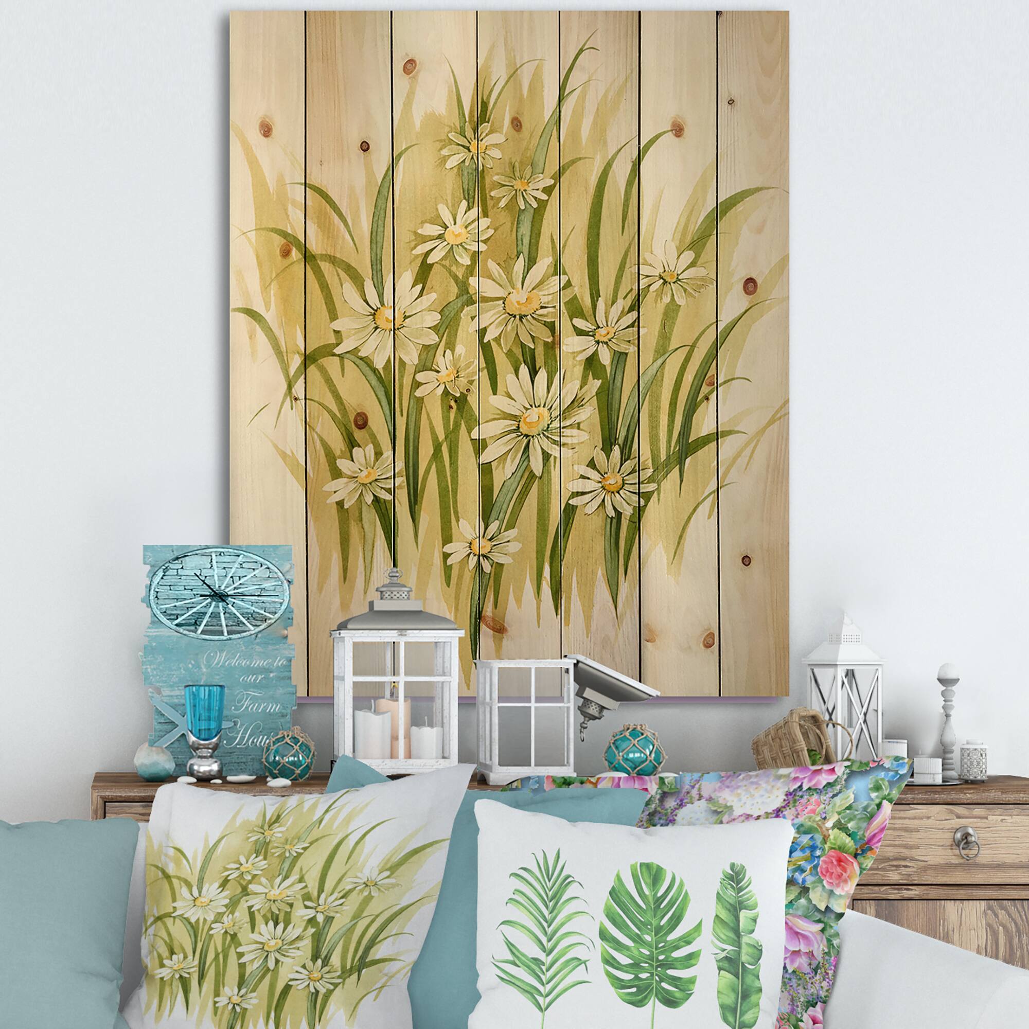 Designart - White Meadow Flowers - Traditional Print on Natural Pine Wood