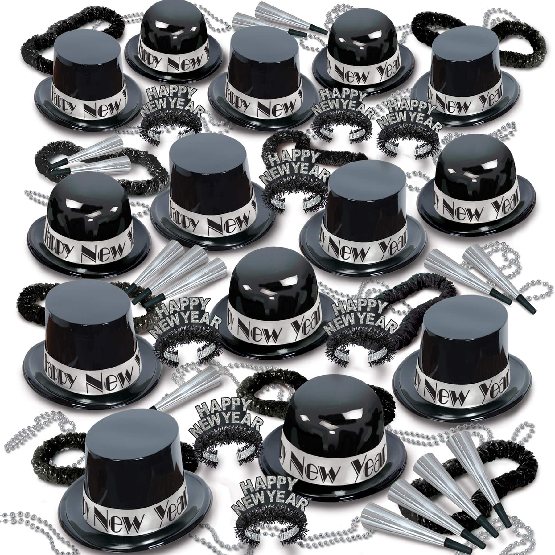 Beistle Black & Silver New Year Showtime Deluxe Party Favor Kit for 100