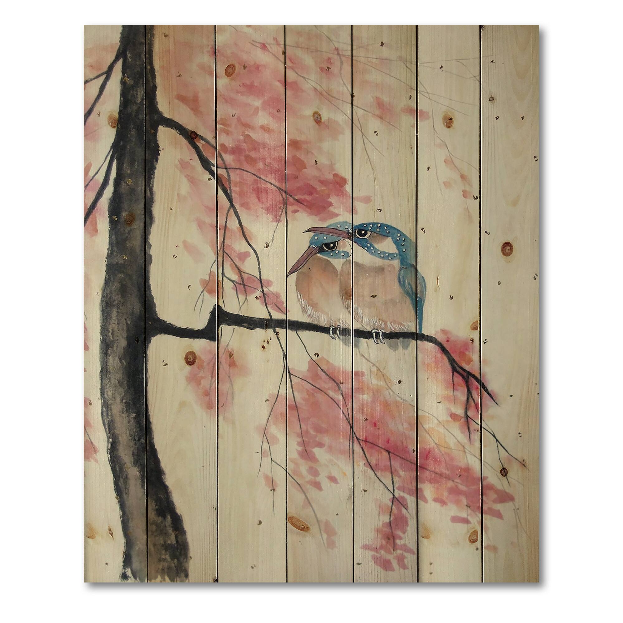 Designart - Two Kingfisher Birds Sit On A Flowering Branch - Traditional Print on Natural Pine Wood