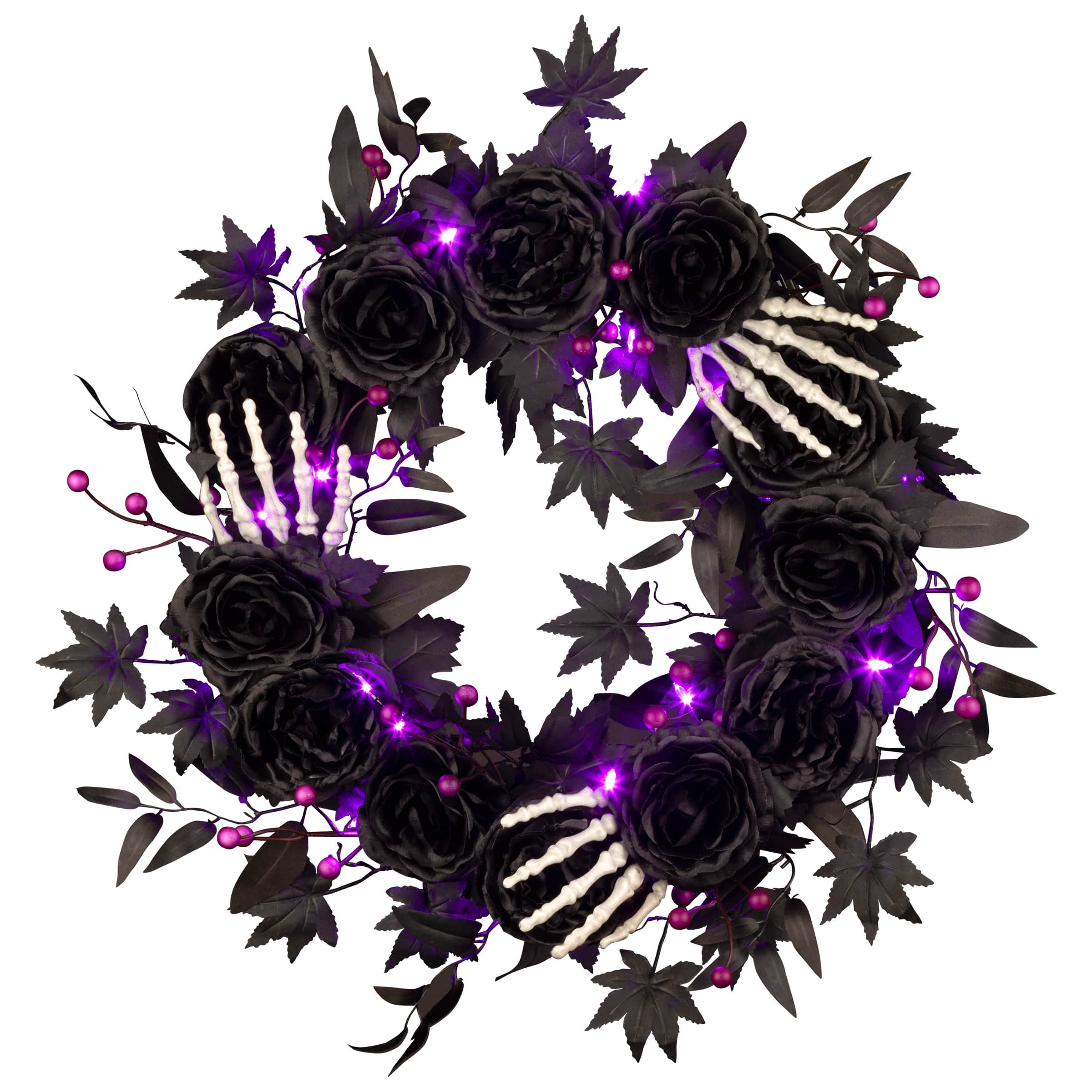 24" Bad to the Bone Black Flower & Skeleton Hand Halloween Pre-Lit LED Wreath