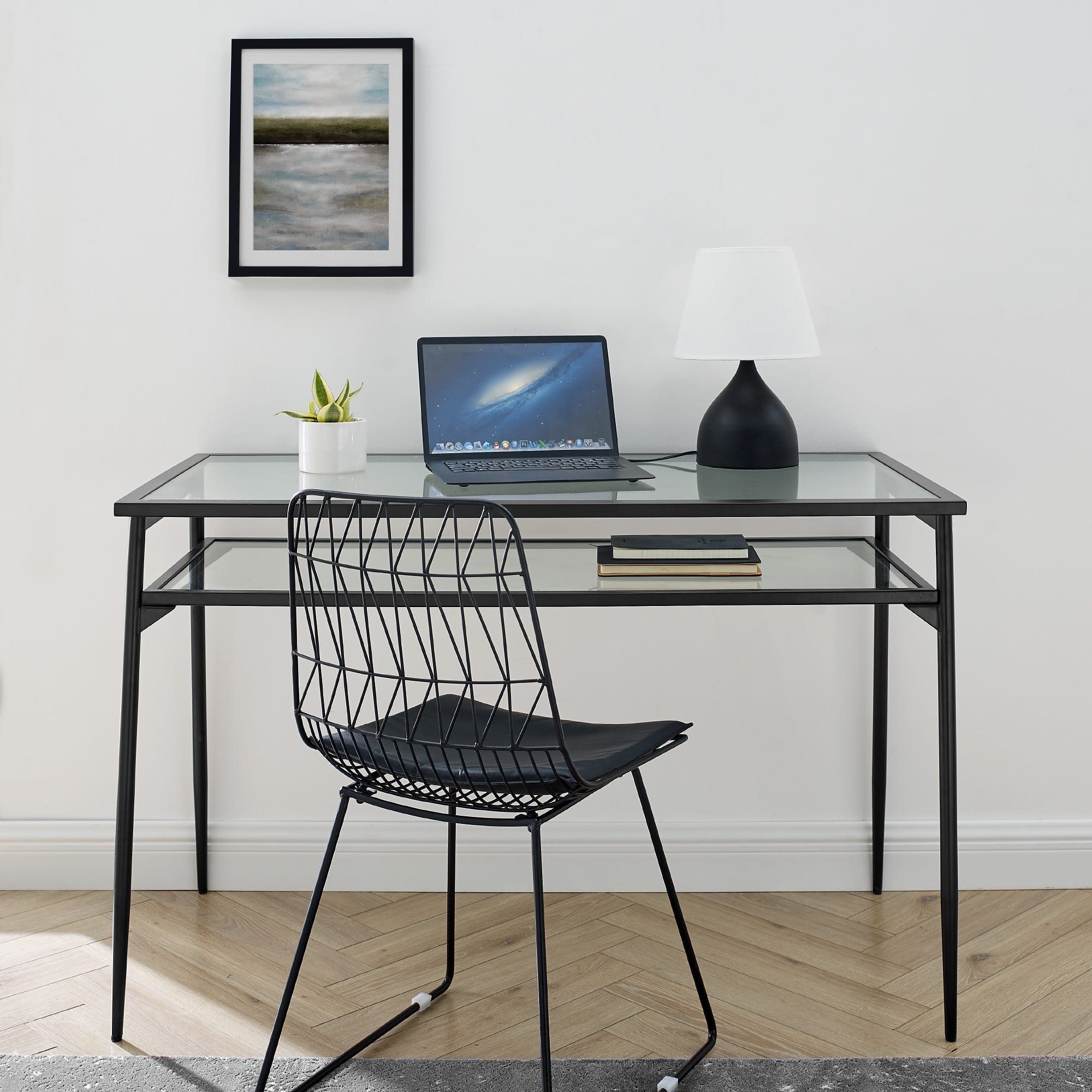 Walker Edison 48" Black Two Tier Glass & Metal Desk