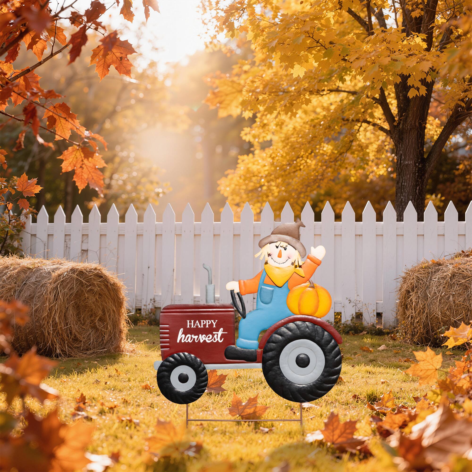 Glitzhome® 30" Fall Metal Tractor & Scarecrow Yard Stake