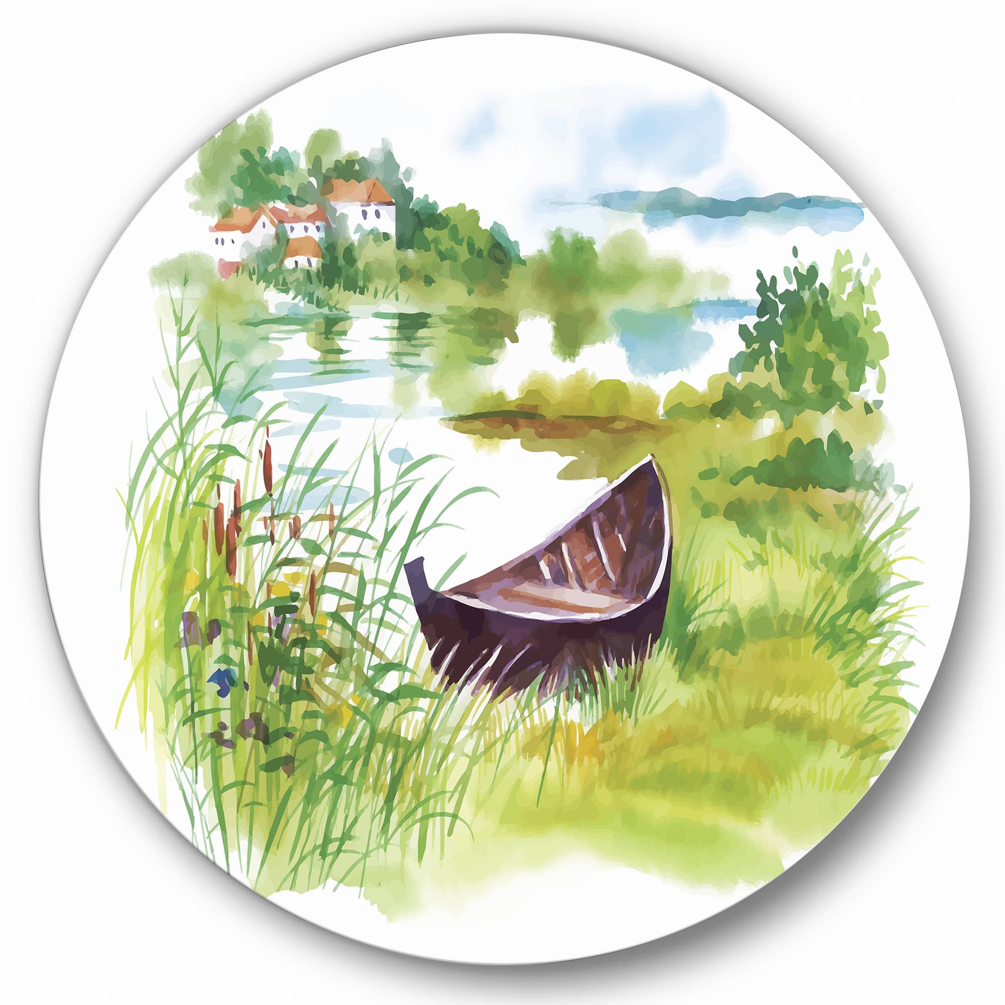 Designart - Rural Green Landscape With Boat - Lake House Metal Circle Wall Art