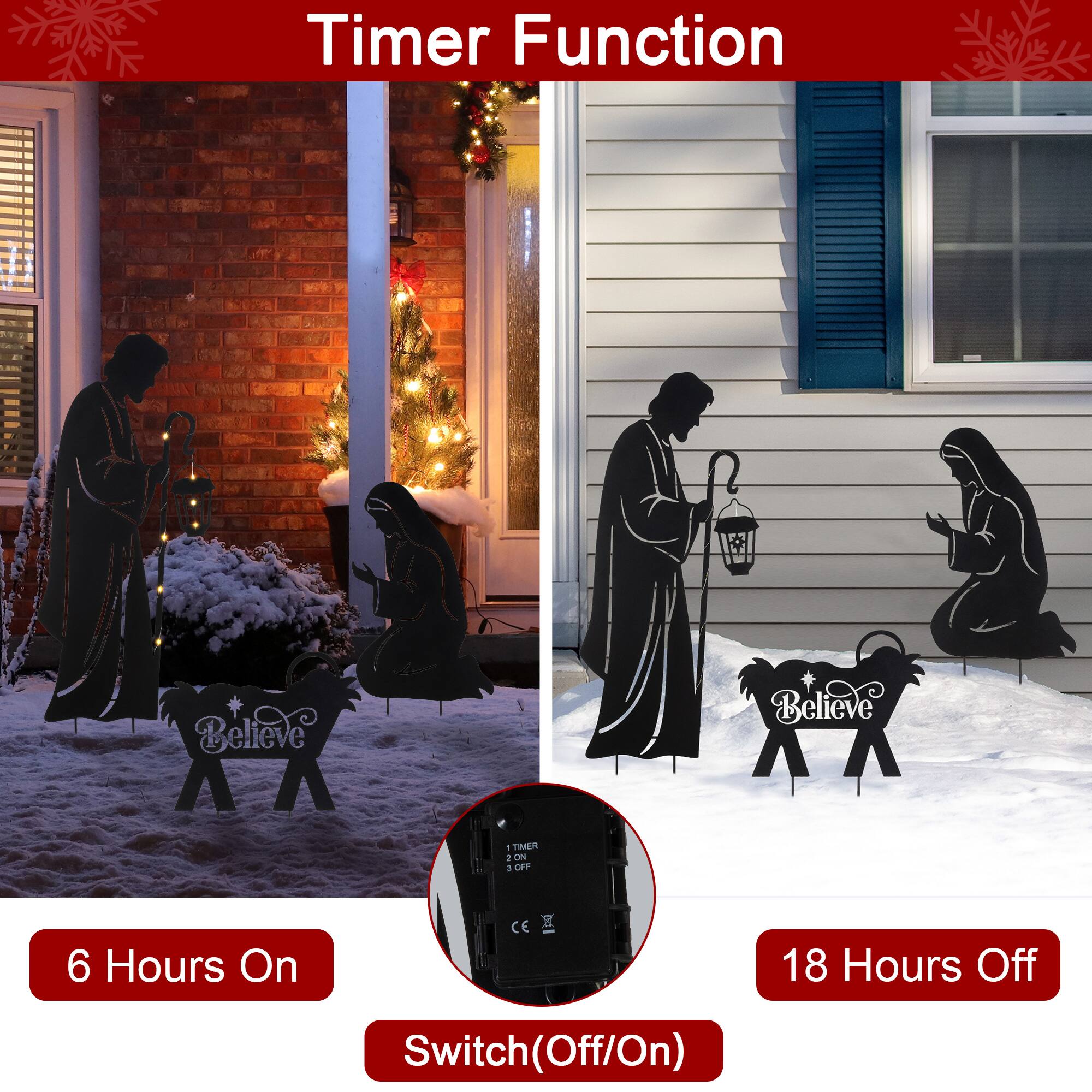 Glitzhome® Set of 3 Christmas Metal Silhouette Holy Family Yard Stake with Timer