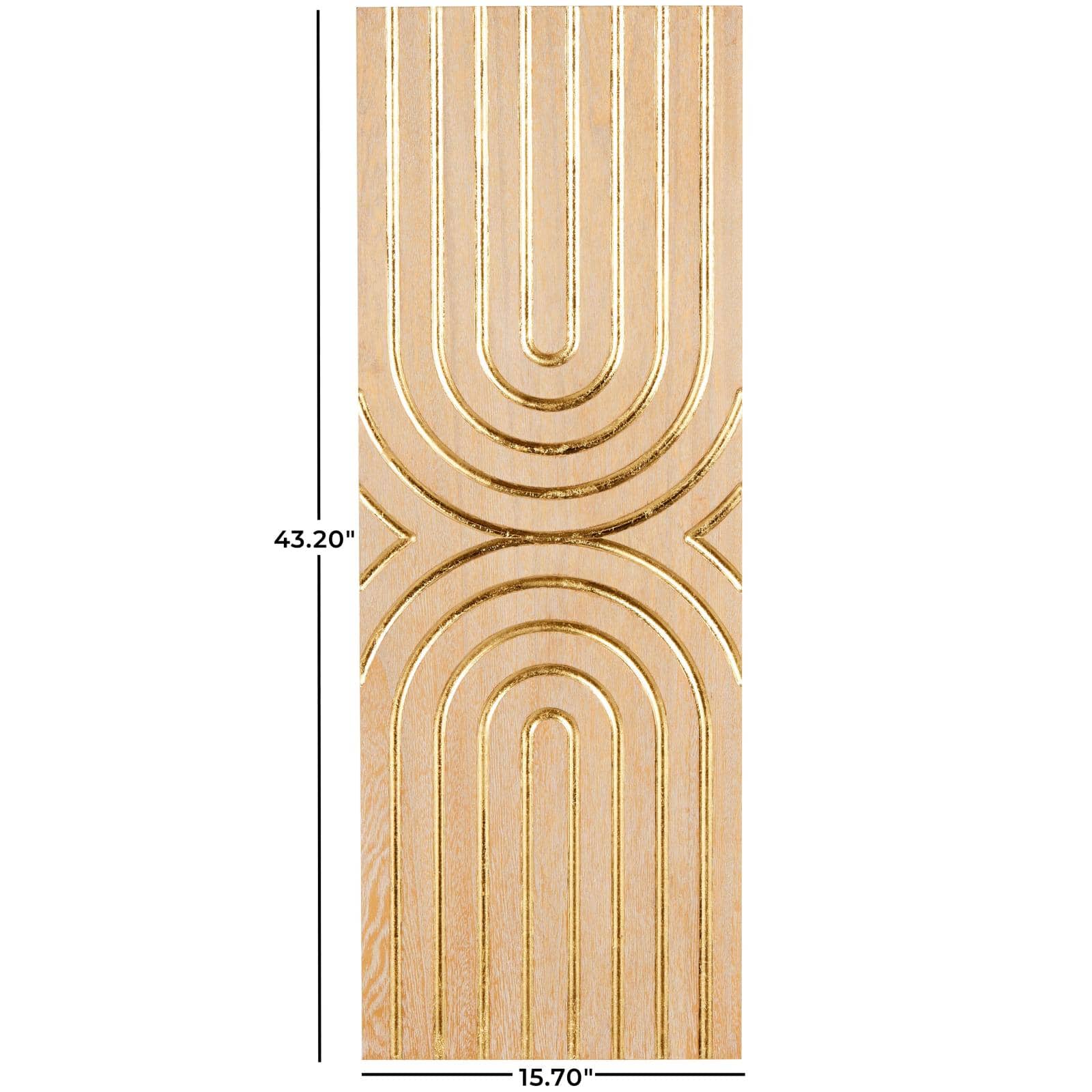 15.7" x 43.2" Light Brown Wood Geometric Panel with Overlapping Gold Arches Home Wall Décor