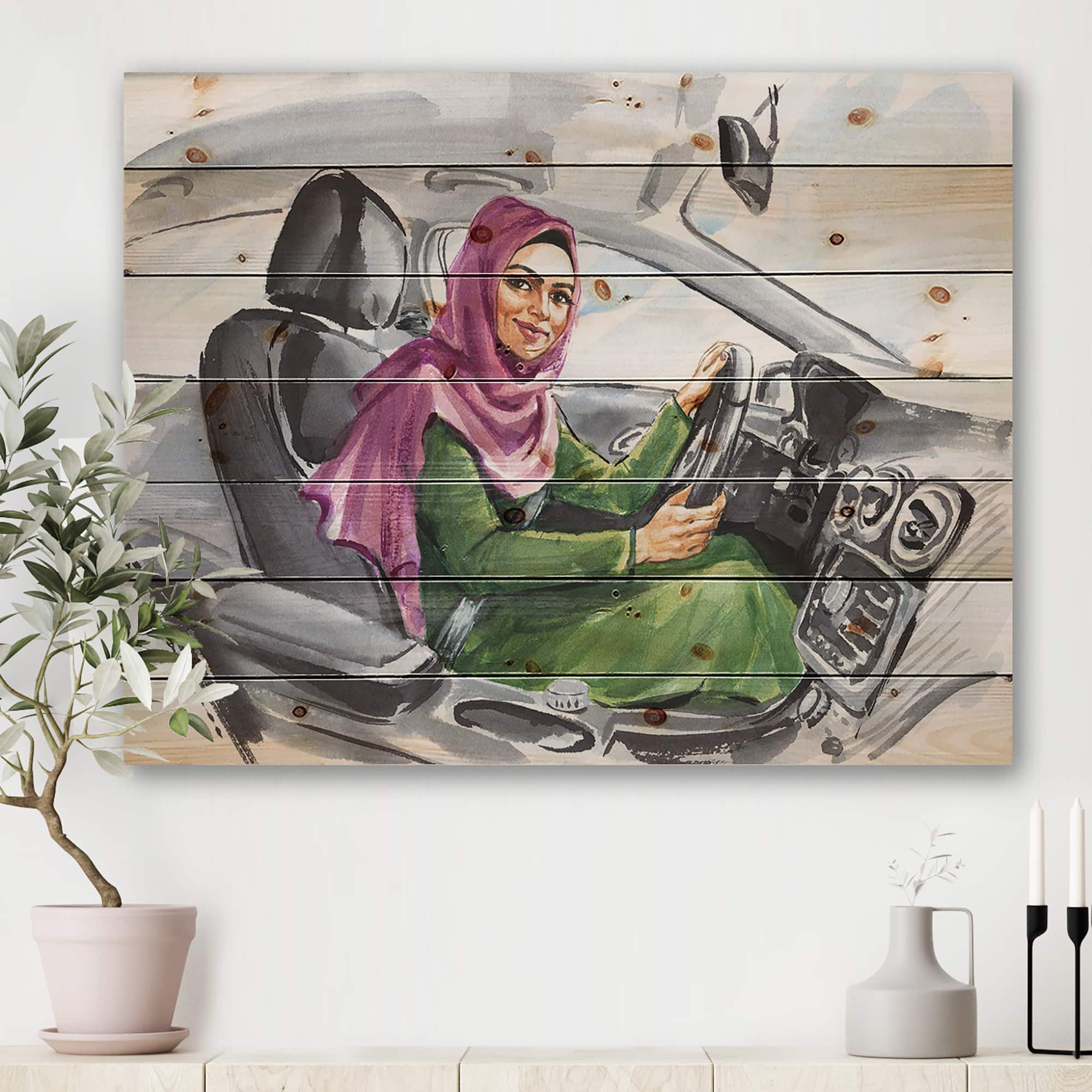 Designart - Arabian Woman Driving A Car II - Modern Print on Natural Pine Wood