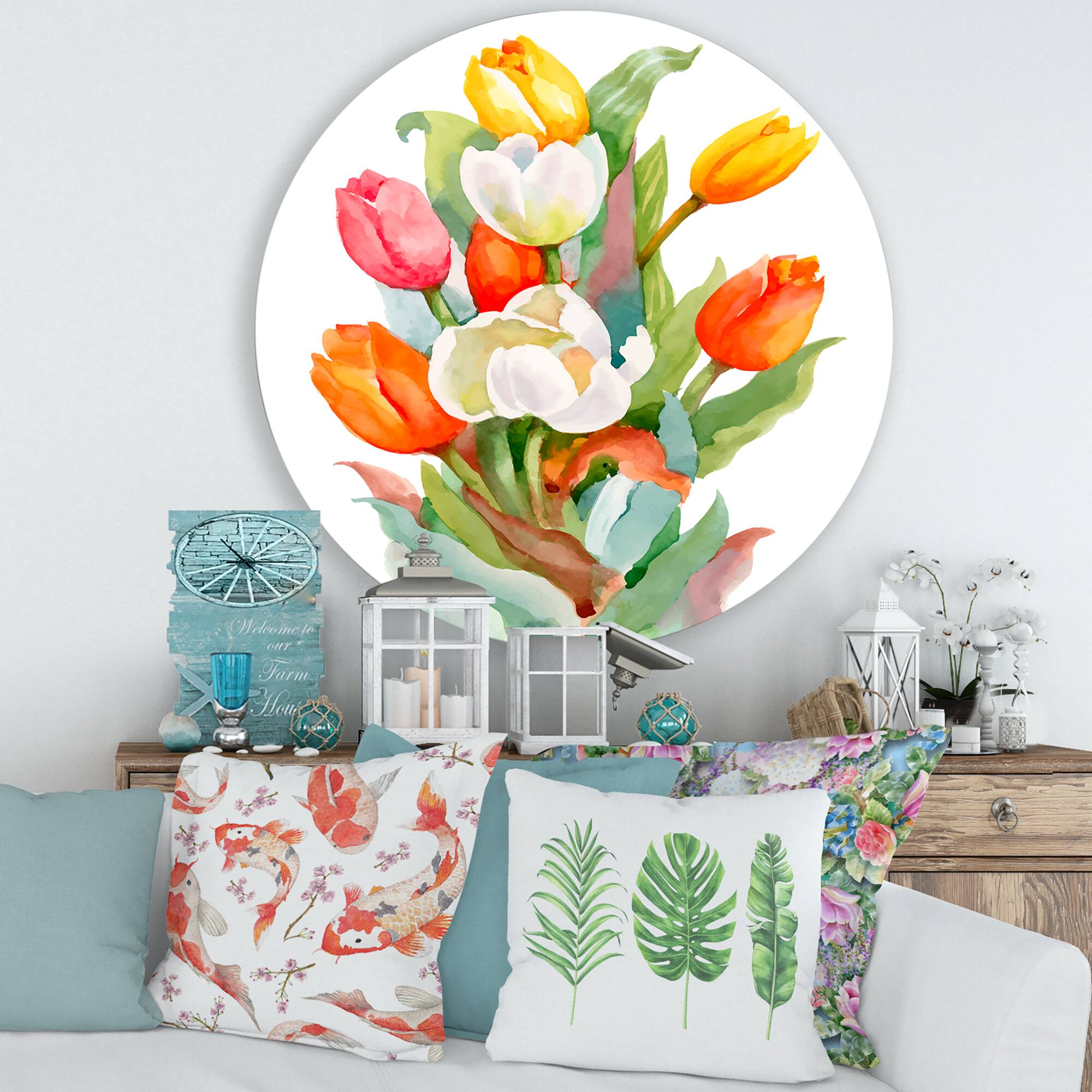 Designart - Blooming White and Orange Tulips Flower